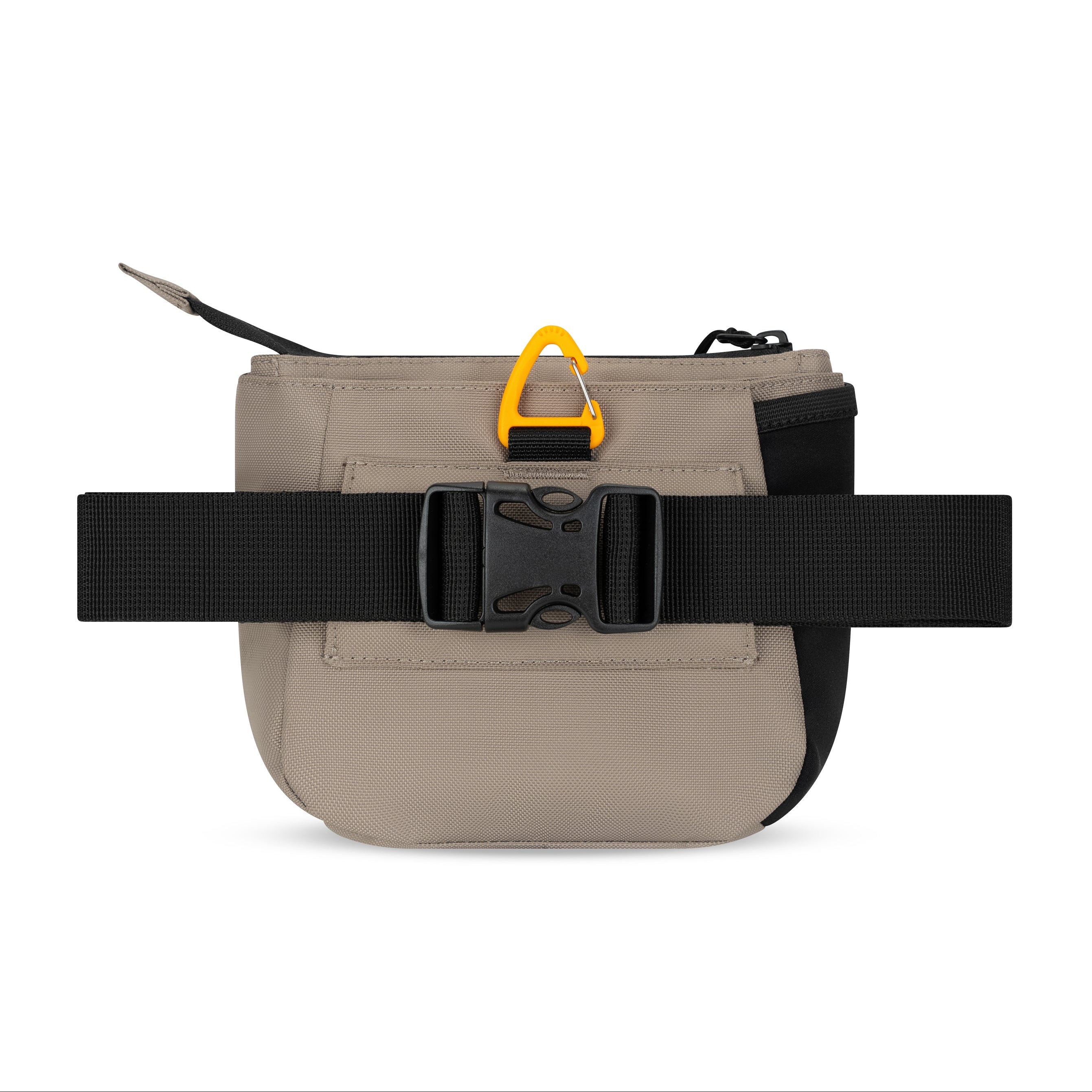 Back view of the OllyDog Backcountry Day Bag in dune color showcasing the quick-release buckle and removable waist belt. #color_dune