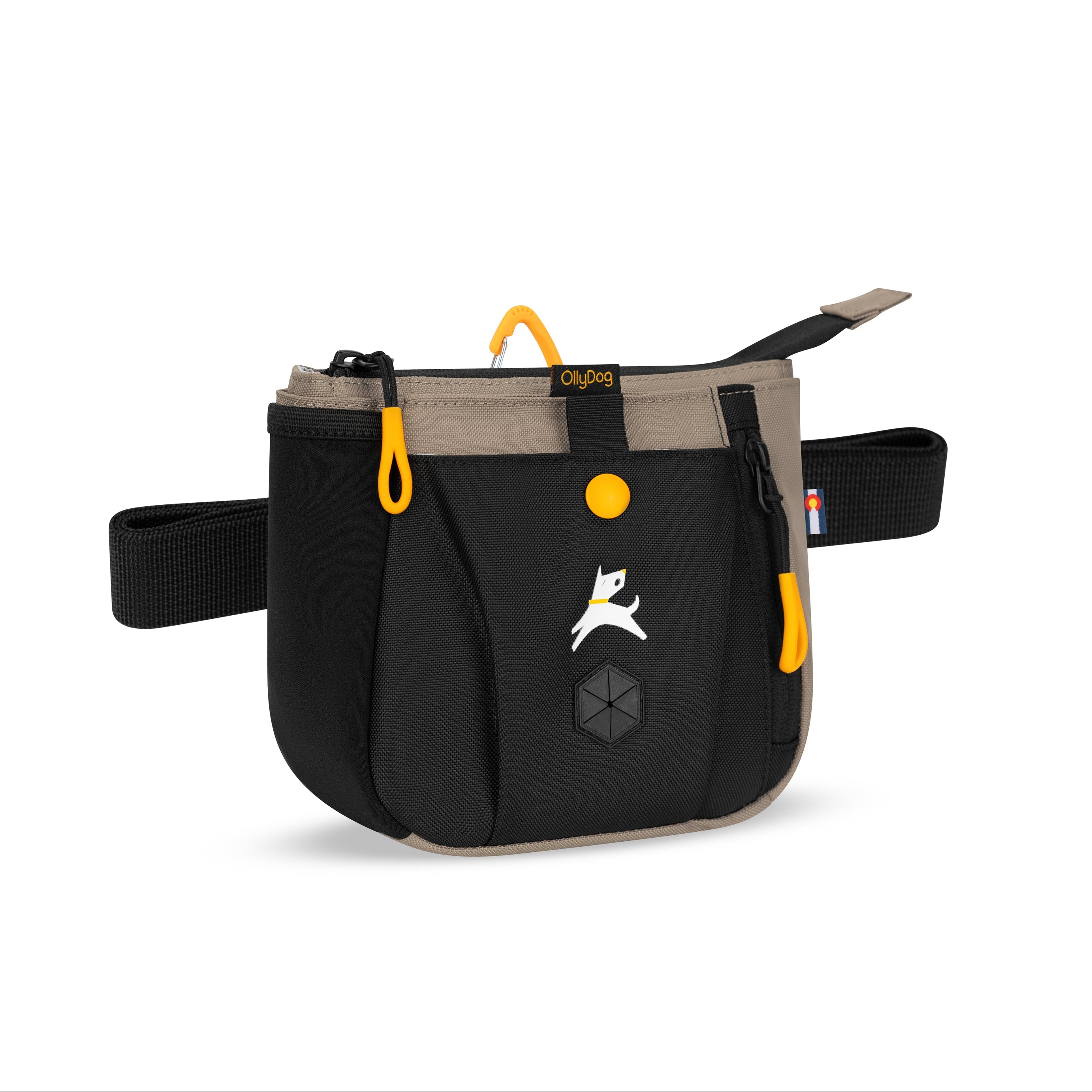 Side-angle view of the OllyDog Backcountry Day Bag in dune color, showcasing the recycled polyester material, zippered pocket, and waist belt. #color_dune
