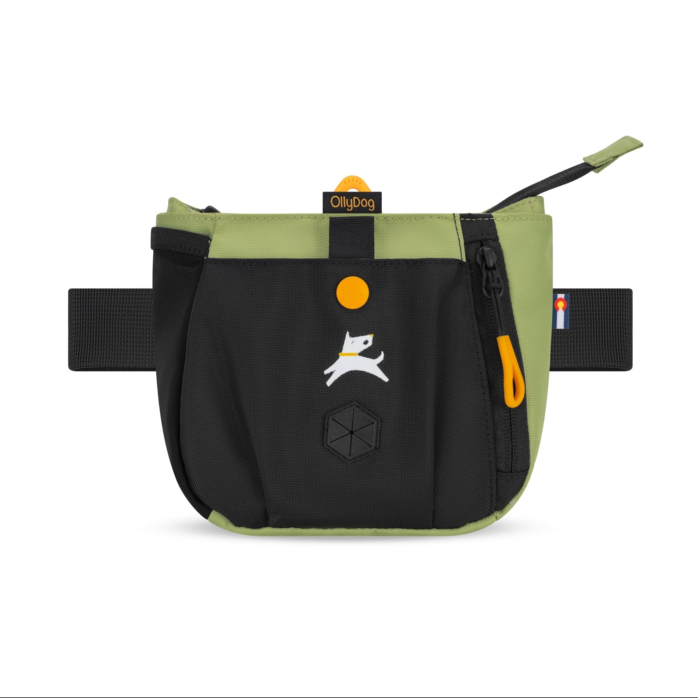 Front view of the OllyDog Backcountry Day Bag in palm green color, showcasing the recycled polyester design, zippered pocket for treats, built-in waste bag dispenser, and waist belt. #color_palm