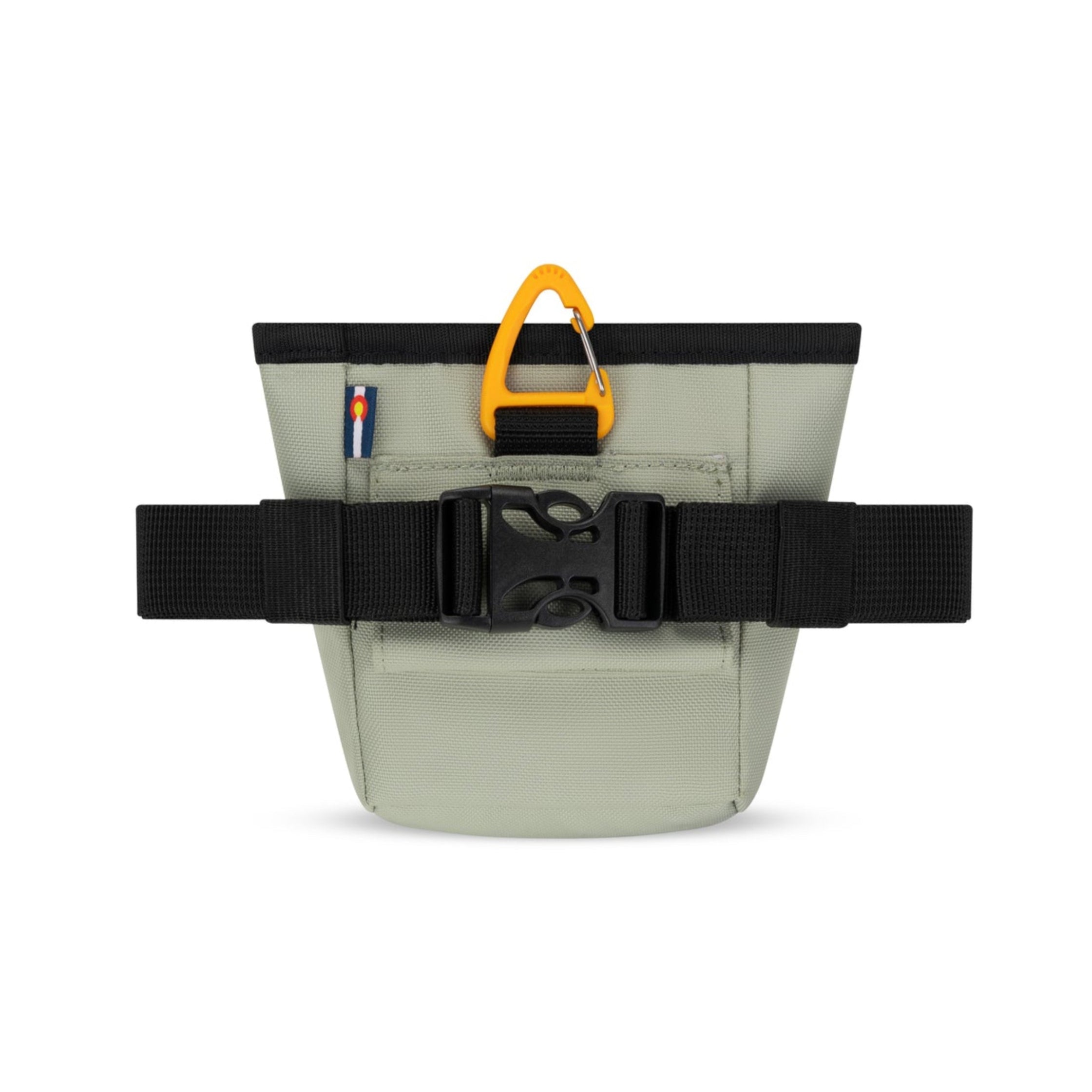 Back view of OllyDog Goodie Treat Bag in Abbey Stone color with magnetic closure, black belt strap, and carabiner clip – hands-free dog training pouch #color_abbey stone