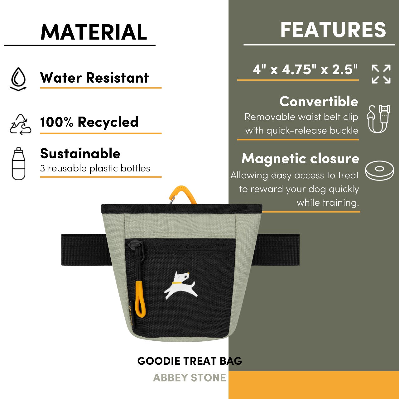 OllyDog Goodie Treat Bag in Abbey Stone color shown with features and materials: water-resistant, 100% recycled, made from 3 plastic bottles, magnetic closure, and removable waist belt clip #color_abbey stone