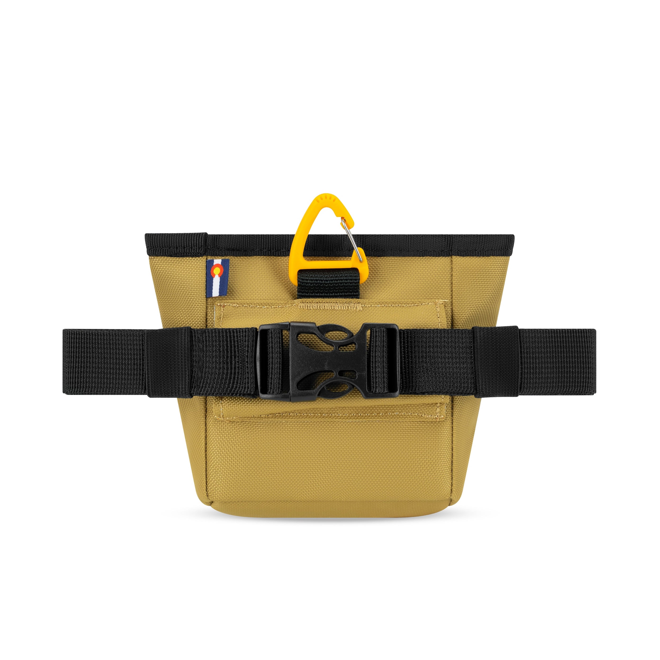 Back view of OllyDog Goodie Treat Bag in Antelope color showing adjustable black waist strap with quick-release buckle and orange carabiner clip #color_antelope