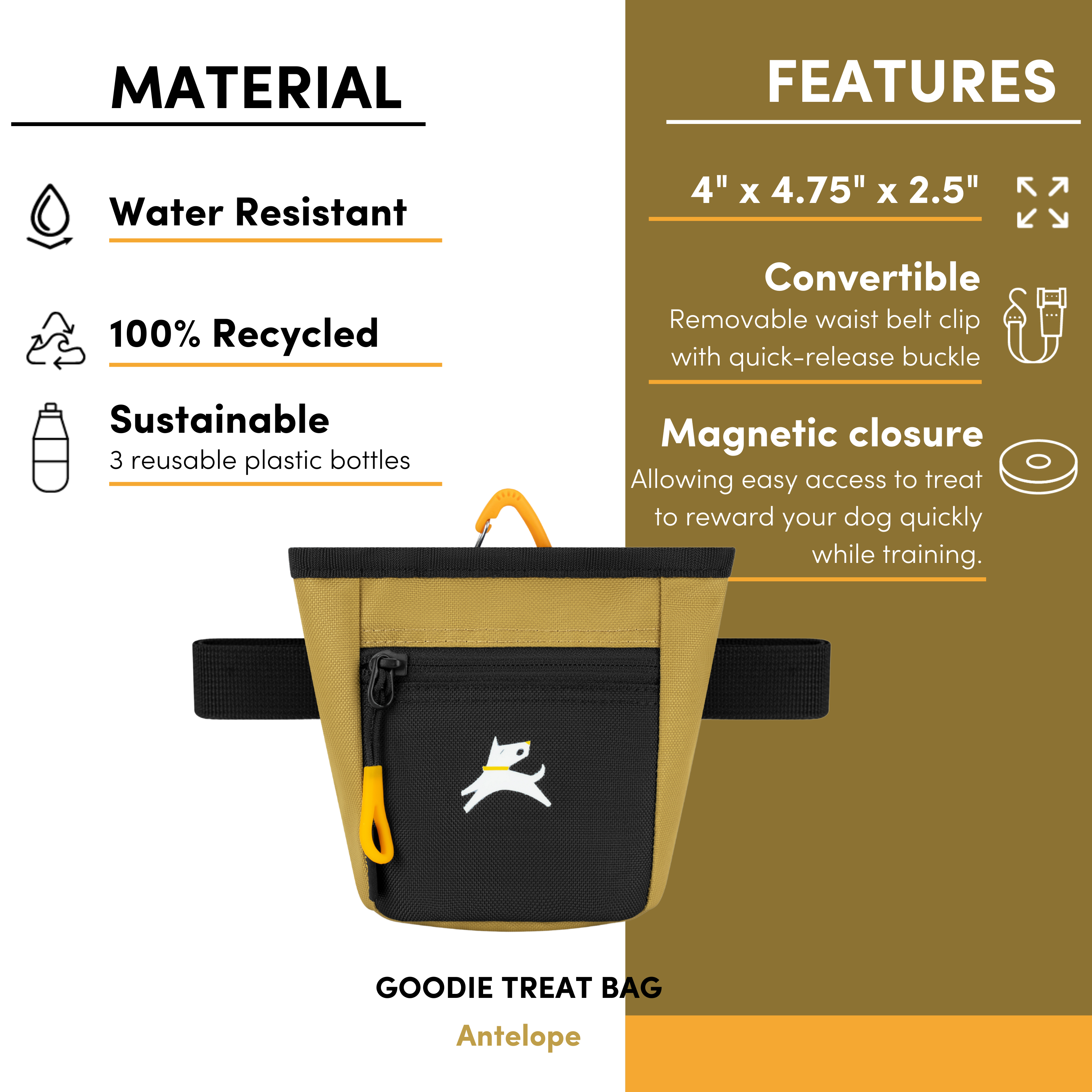OllyDog Goodie Treat Bag in Antelope color with product highlights: water-resistant, 100% recycled from 3 plastic bottles, magnetic closure, and removable waist belt with quick-release buckle #color_antelope