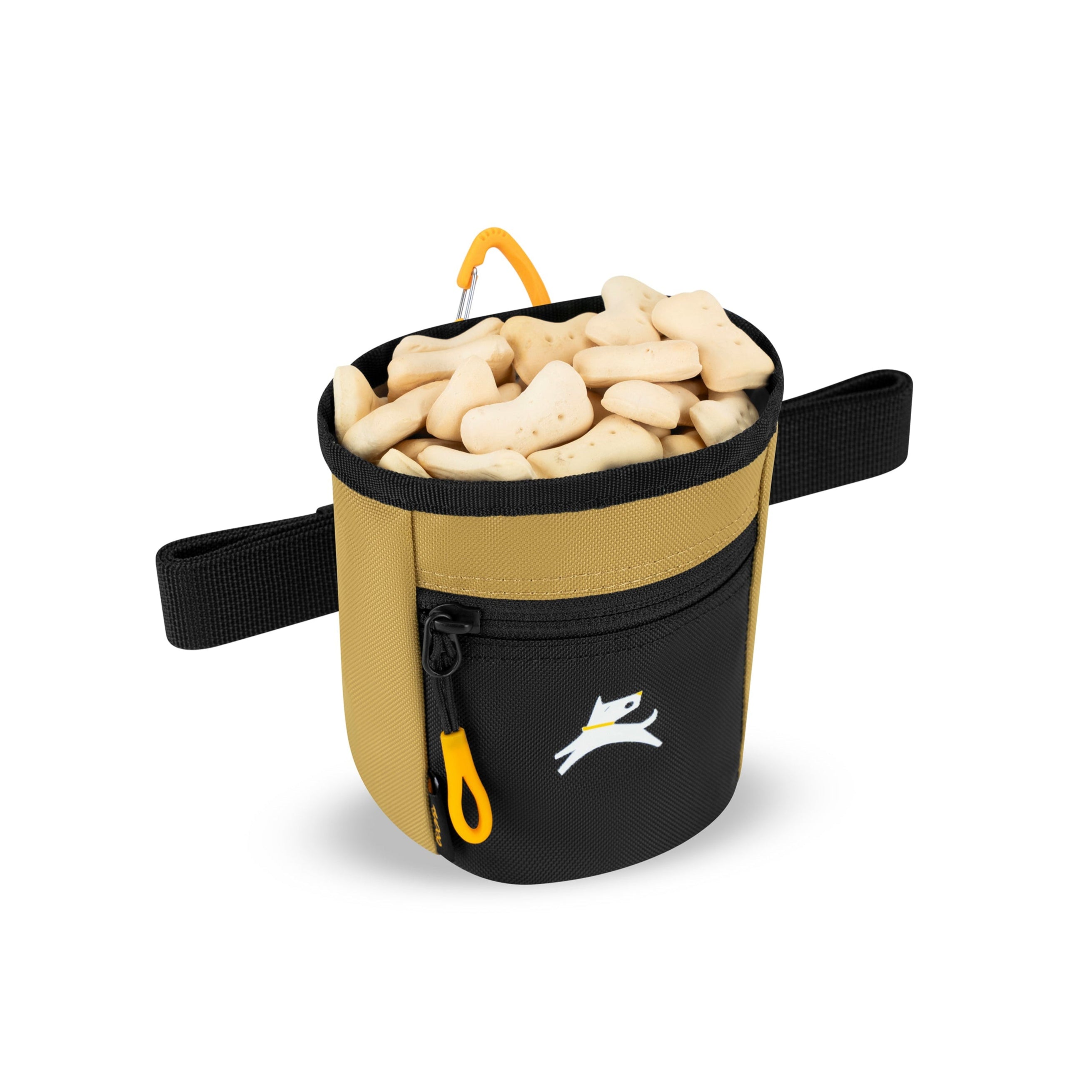 OllyDog Goodie Treat Bag in Antelope color shown open and filled with bone-shaped dog treats, featuring black front pocket, orange zipper pull, and adjustable waist strap #color_antelope