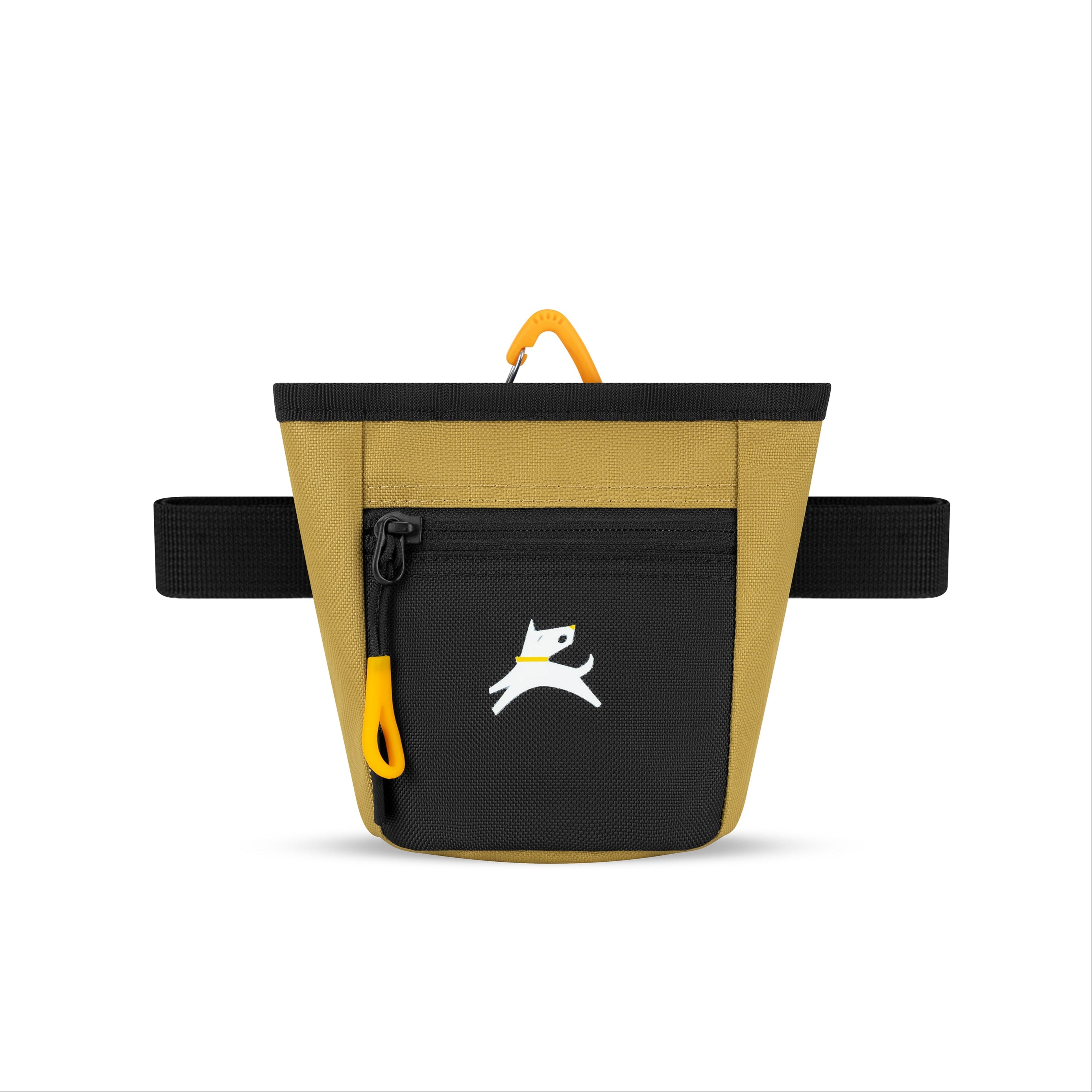 Front view of OllyDog Goodie Treat Bag in Antelope color featuring black front pocket, orange zipper pull, and adjustable waistband for hands-free dog training #color_antelope