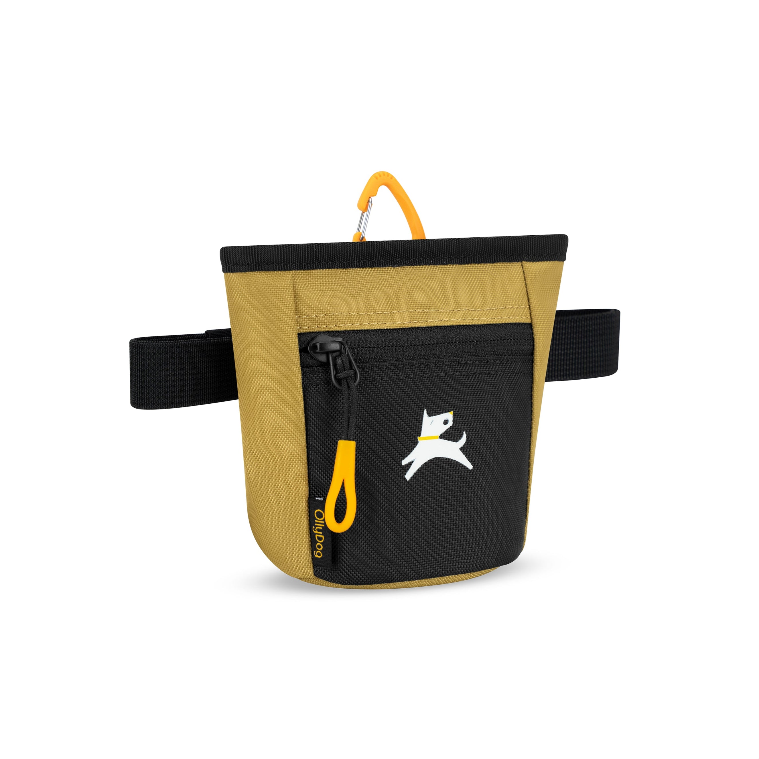 Side view of OllyDog Goodie Treat Bag in Antelope color featuring black front pocket, orange zipper pull, and adjustable waist strap for hands-free dog training #color_antelope
