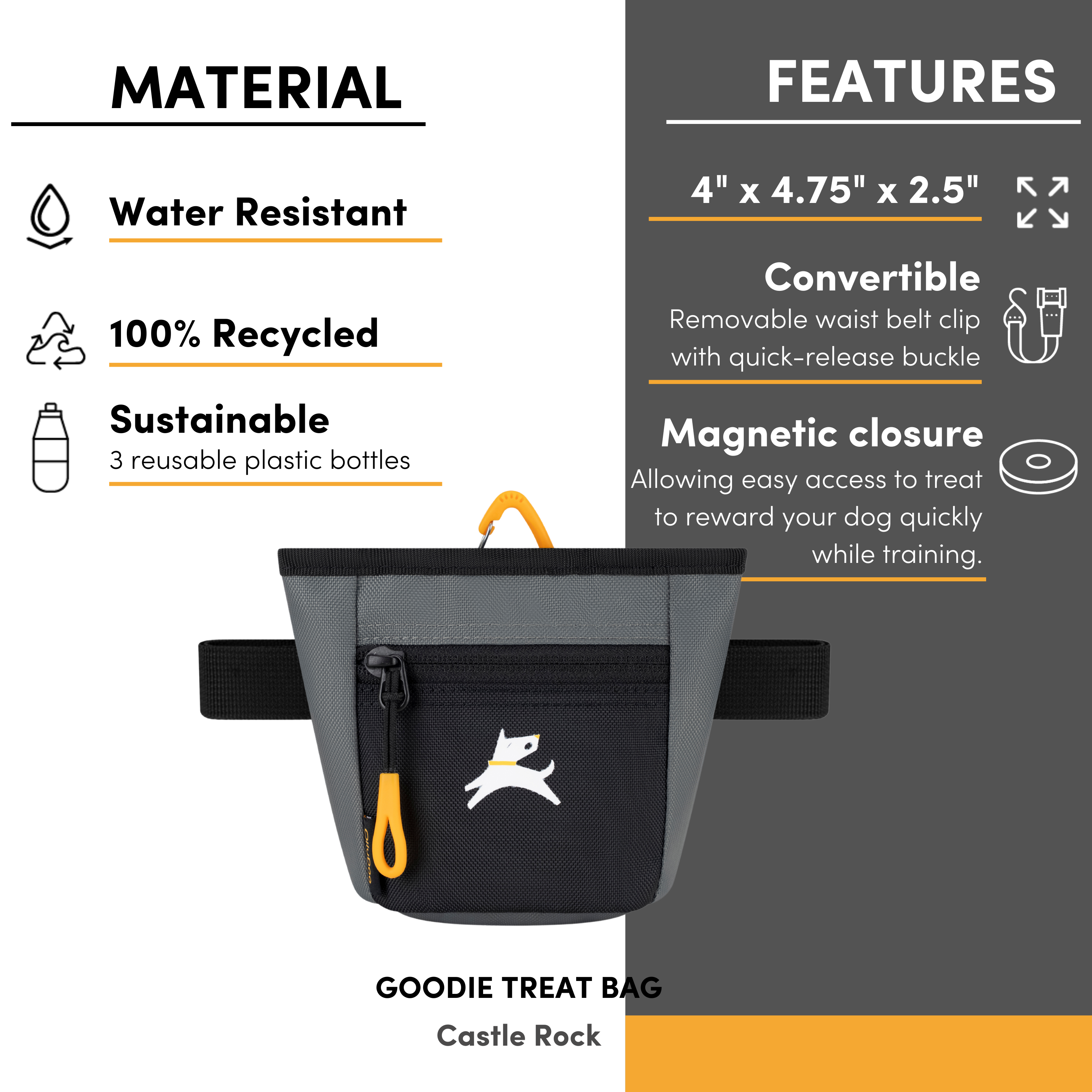 OllyDog Goodie Treat Bag in Castle Rock dark grey color with highlighted features: water-resistant, 100% recycled from 3 plastic bottles, magnetic closure, and removable waist belt with quick-release buckle #color_castle rock