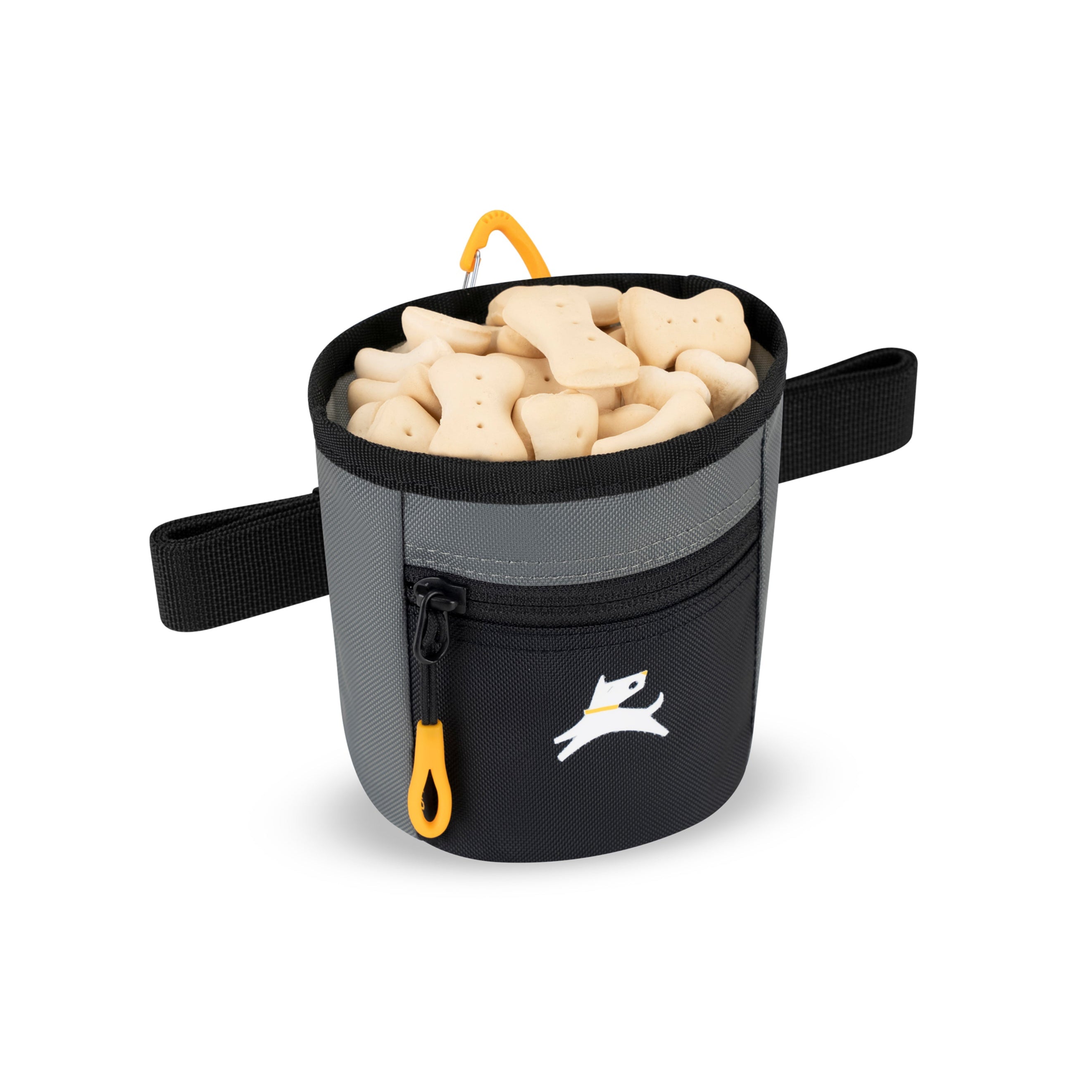 OllyDog Goodie Treat Bag in Castle Rock color shown open and filled with bone-shaped dog treats, featuring black front pocket, orange zipper pull, and waist strap for hands-free dog training #color_castle rock