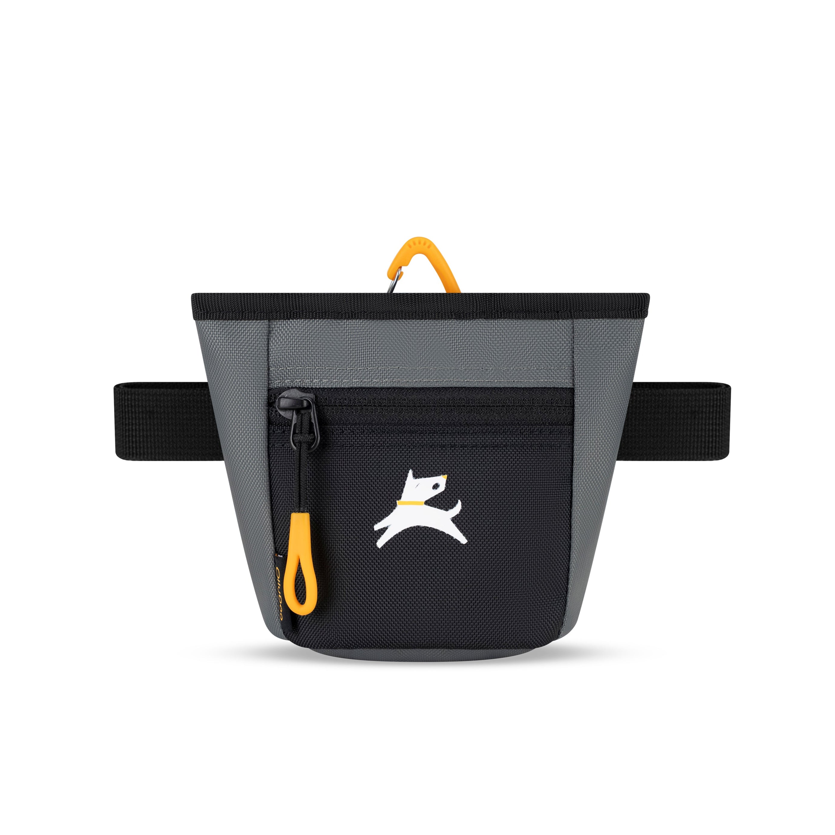 Front view of OllyDog Goodie Treat Bag in Castle Rock dark grey color featuring black zipper pocket, orange pull tab, and adjustable waistband for hands-free dog training #color_castle rock
