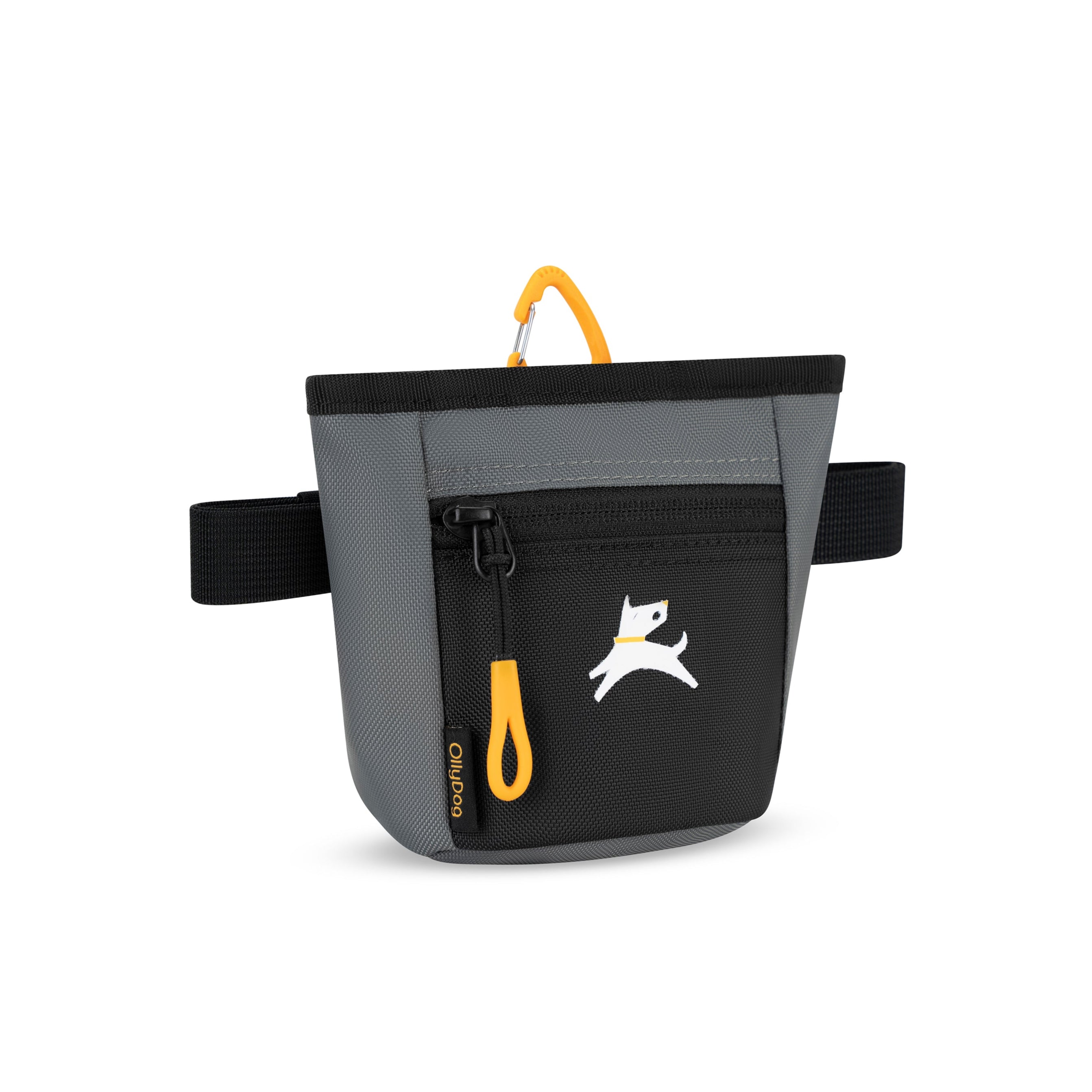Side view of OllyDog Goodie Treat Bag in Castle Rock grey color featuring black front pocket, orange zipper pull, and adjustable waistband for hands-free dog training #color_castle rock