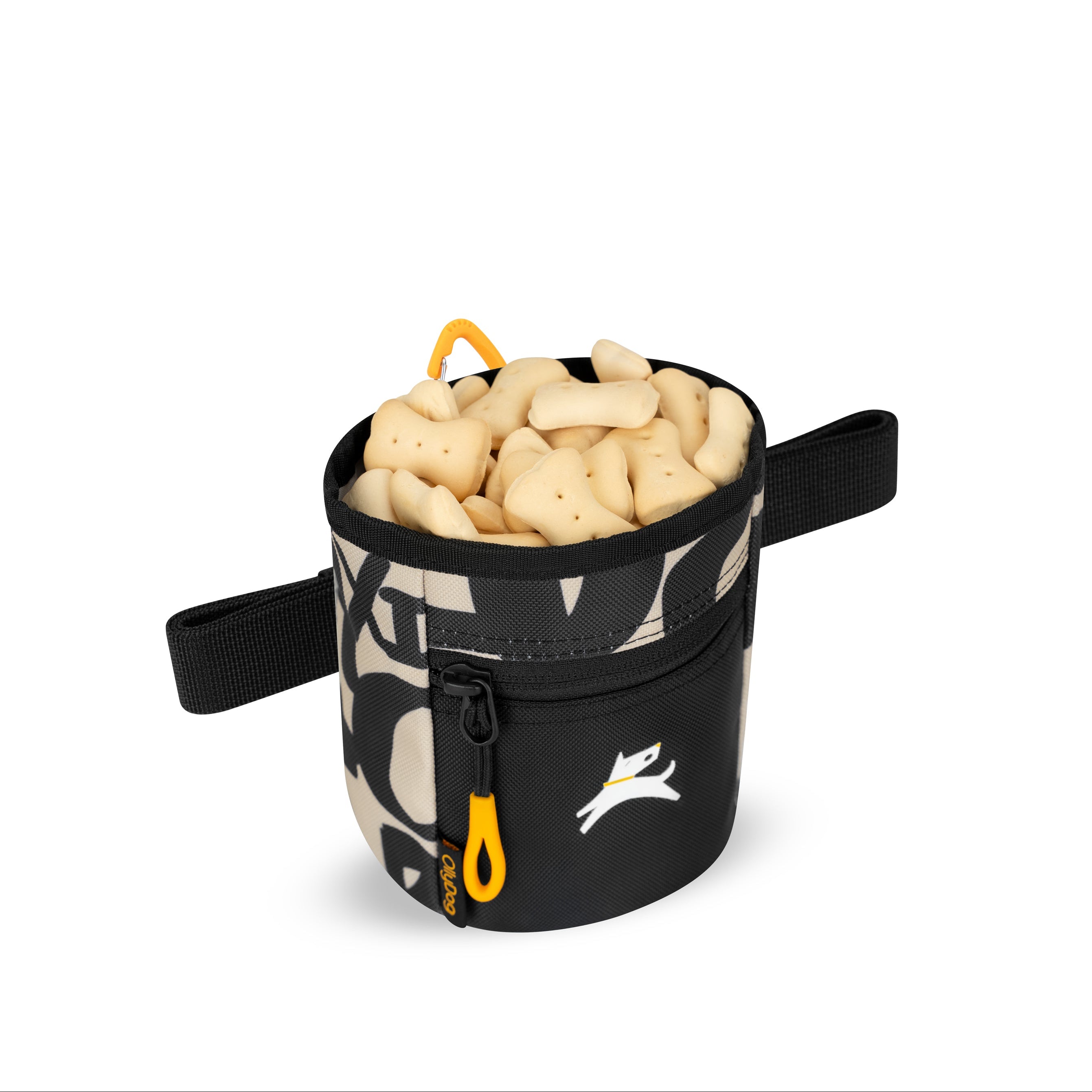 Interior view of the OllyDog Goodie Treat Bag in ciao print filled with dog treats, highlighting the convenient magnetic closure opening for training. #color_ciao