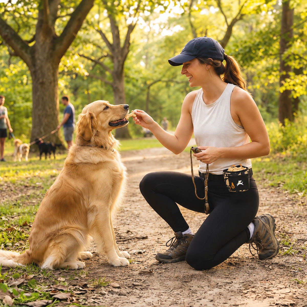 Lifestyle photo of a woman training and treating her golden retriever on a wooded trail, wearing the OllyDog Goodie Treat Bag in Ciao pattern around her waist for quick, hands-free access. #color_ciao