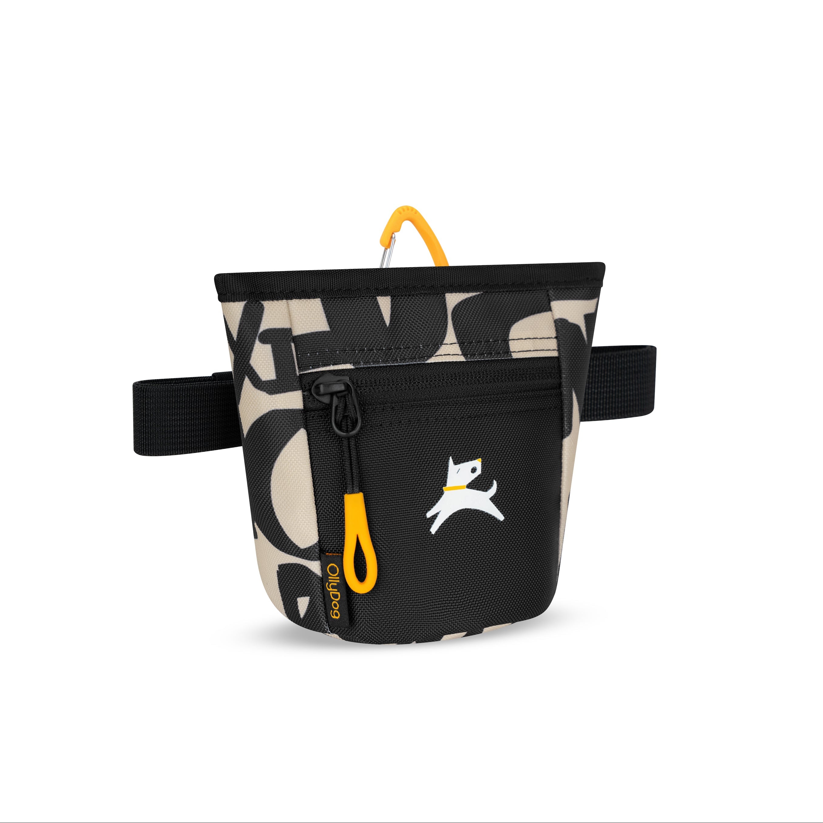 Side angle view of the OllyDog Goodie Treat Bag in ciao print featuring a hands-free design, front zipper pocket, and magnetic closure for dog training. #color_ciao