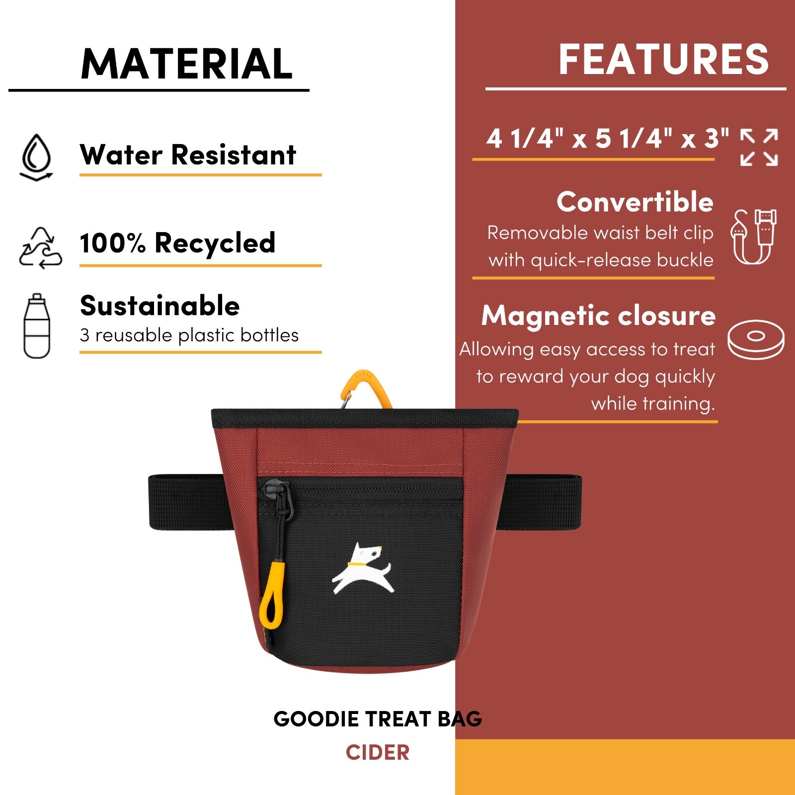 Infographic detailing the material and features of the OllyDog Goodie Treat Bag in cider color, including water-resistant material, 100% recycled fabric, dimensions, and magnetic closure. #color_cider