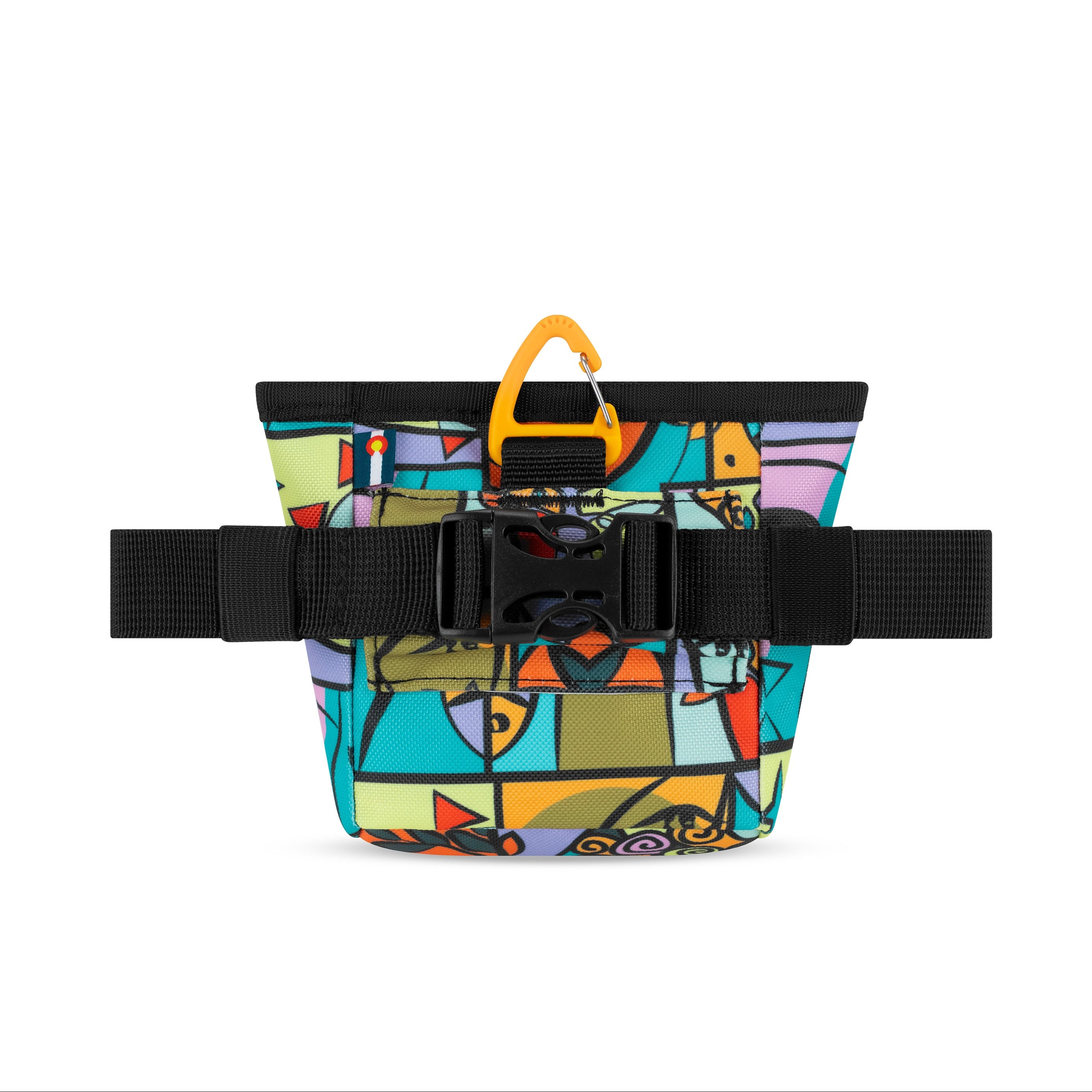 Back view of OllyDog Goodie Treat Bag in Cloud 9 colorful abstract pattern featuring black adjustable waist strap, quick-release buckle, orange carabiner, and Colorado tag #color_cloud9