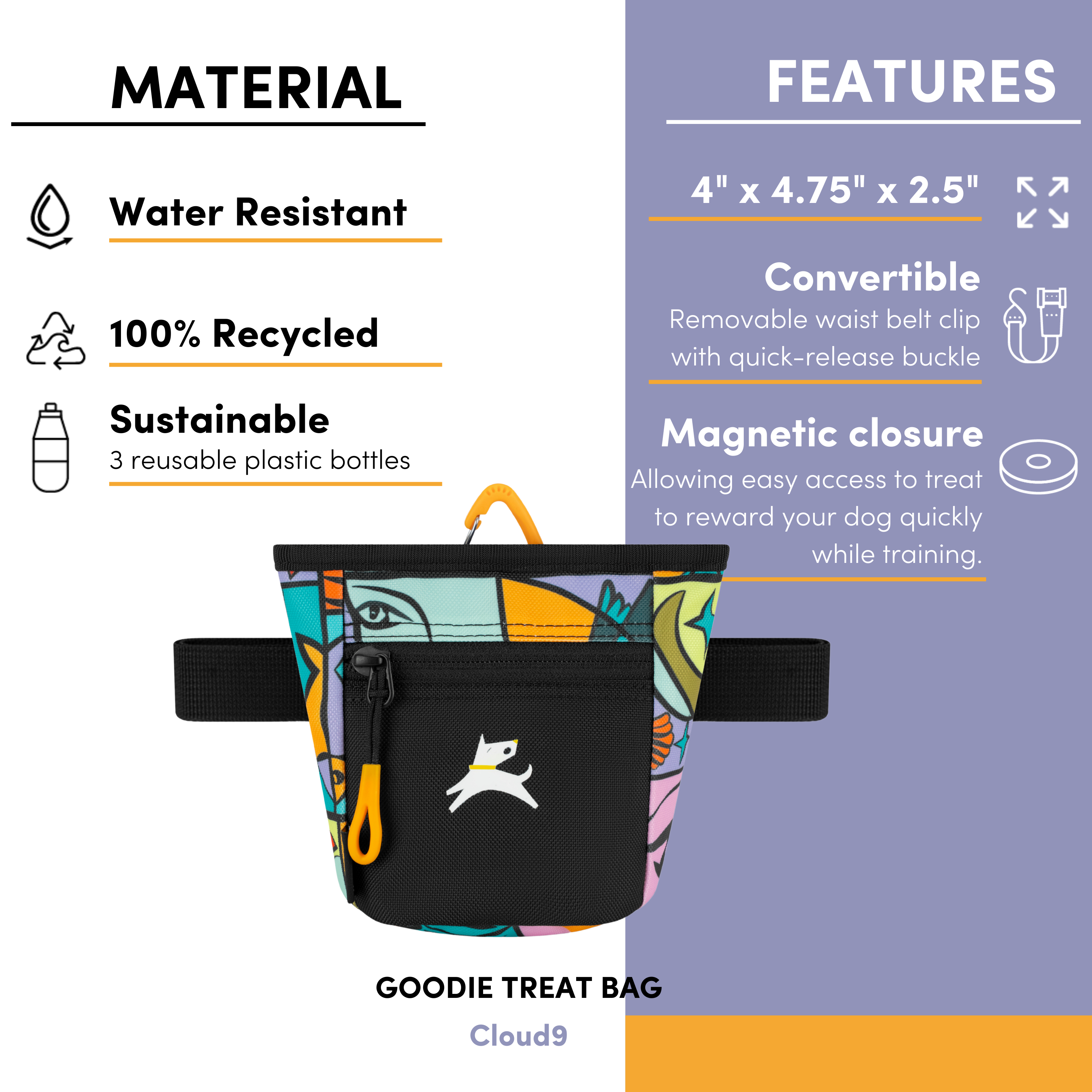 OllyDog Goodie Treat Bag in Cloud 9 abstract pattern with product highlights: water-resistant, 100% recycled material from 3 plastic bottles, magnetic closure, and removable waist belt with quick-release buckle #color_cloud9