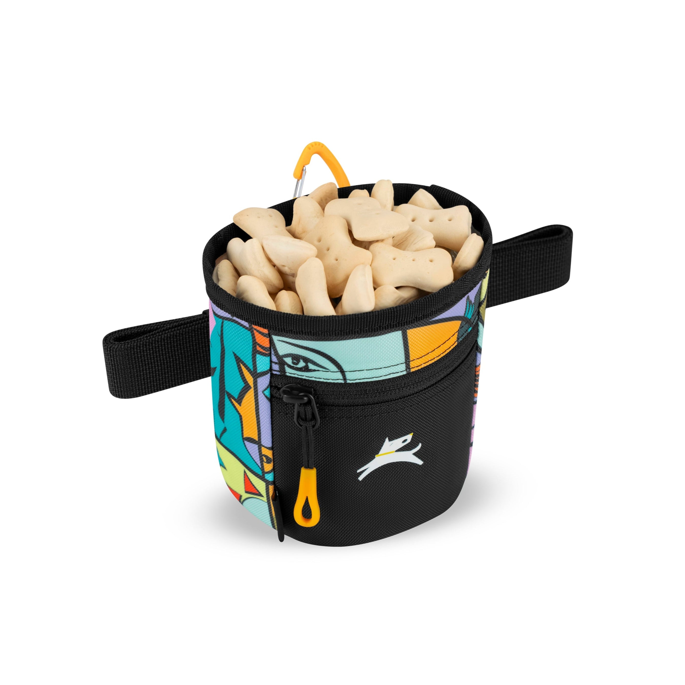 OllyDog Goodie Treat Bag in Cloud 9 abstract pattern shown open and filled with bone-shaped dog treats, featuring black zipper pocket, orange pull tab, and waist strap #color_cloud9