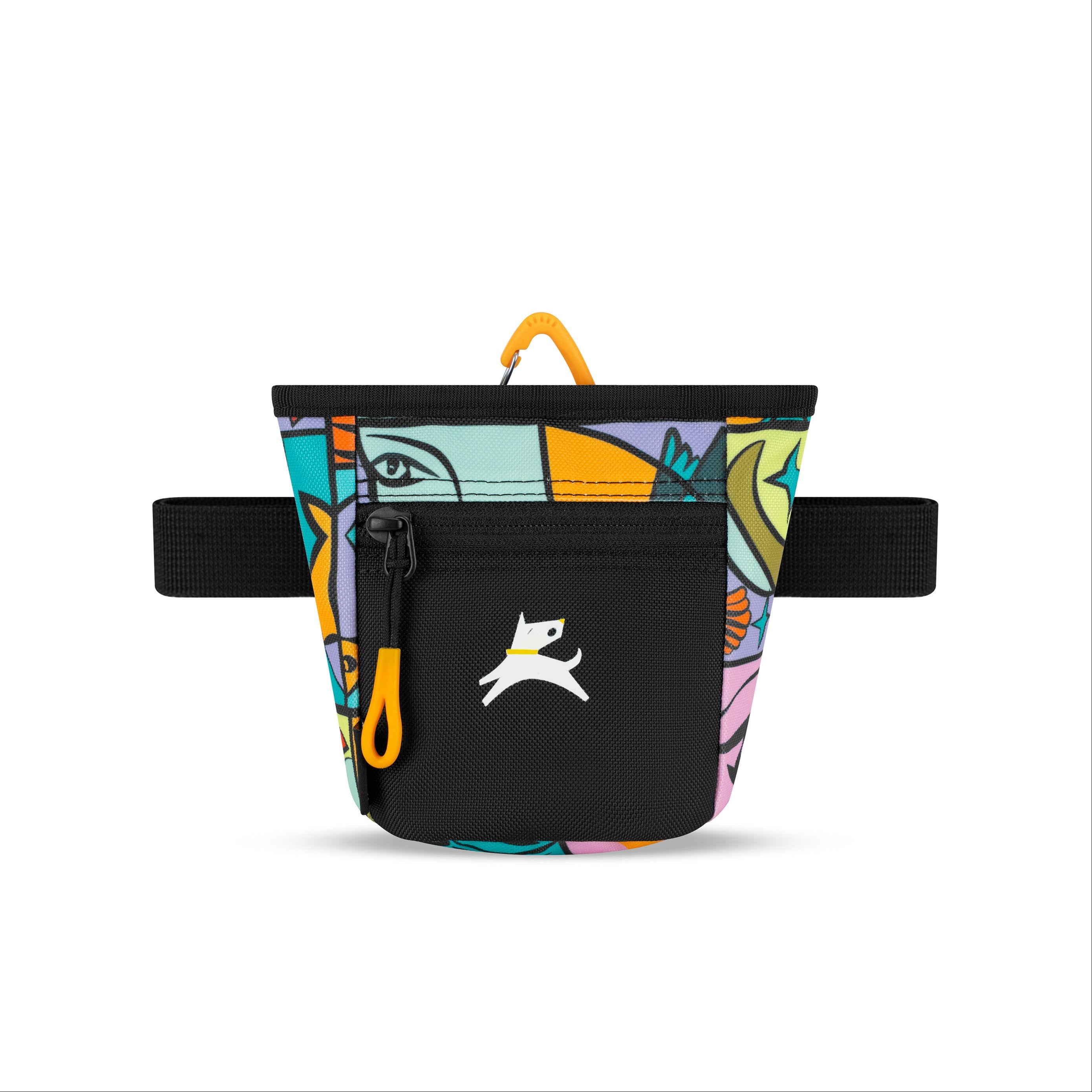 Front view of OllyDog Goodie Treat Bag in Cloud 9 vibrant abstract pattern featuring black zipper pocket, orange pull tab, and adjustable waistband for hands-free dog training #color_cloud9