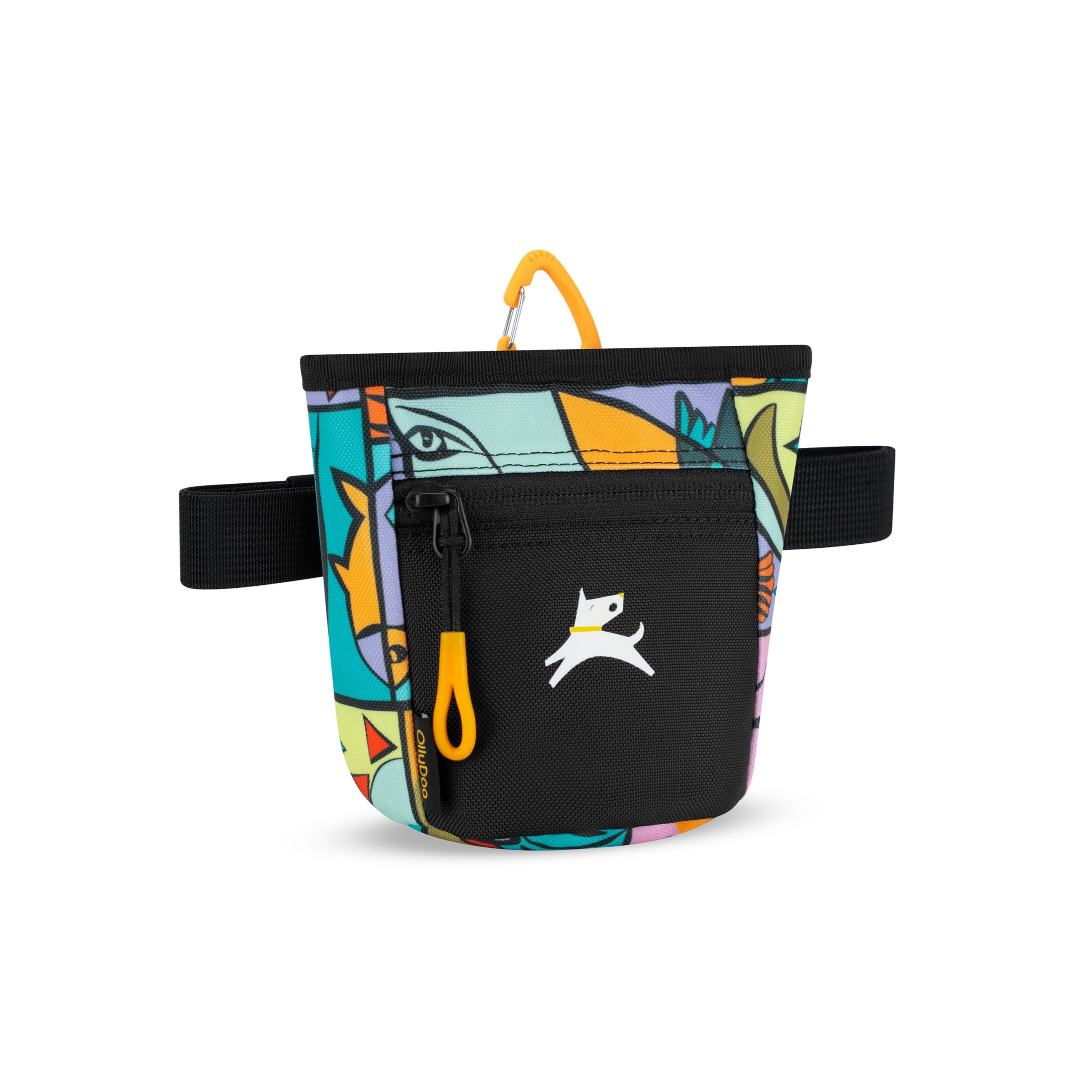 Side view of OllyDog Goodie Treat Bag in Cloud 9 colorful abstract pattern with black front pocket, orange zipper pull, and adjustable waist strap for dog training #color_cloud9