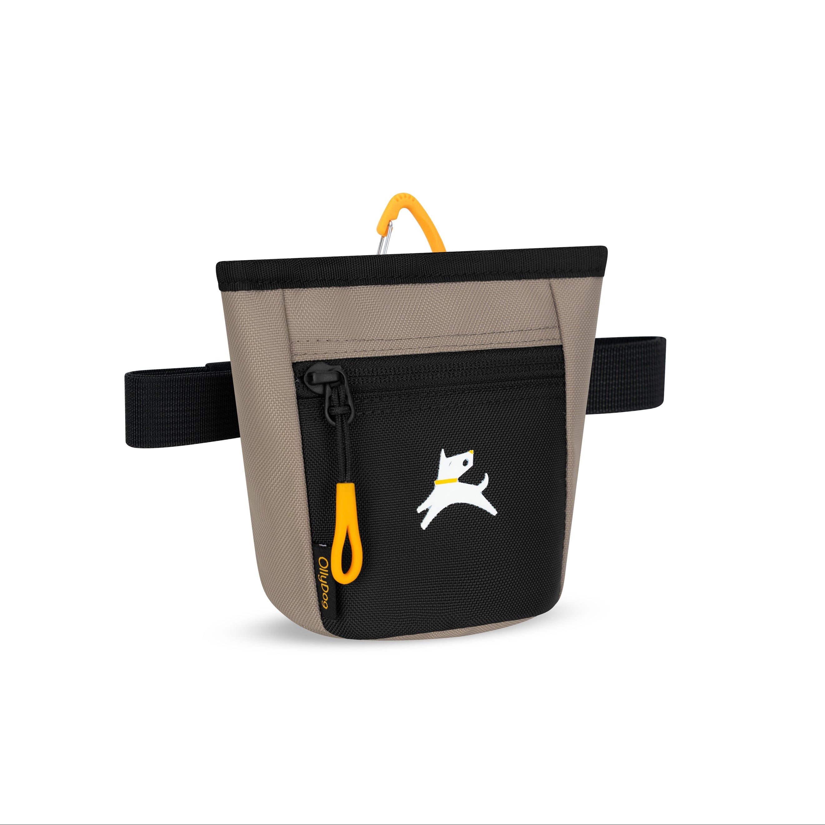 Side angle view of the OllyDog Goodie Treat Bag in dune color, showcasing the hands-free design, front pocket, and magnetic closure for dog training. #color_dune