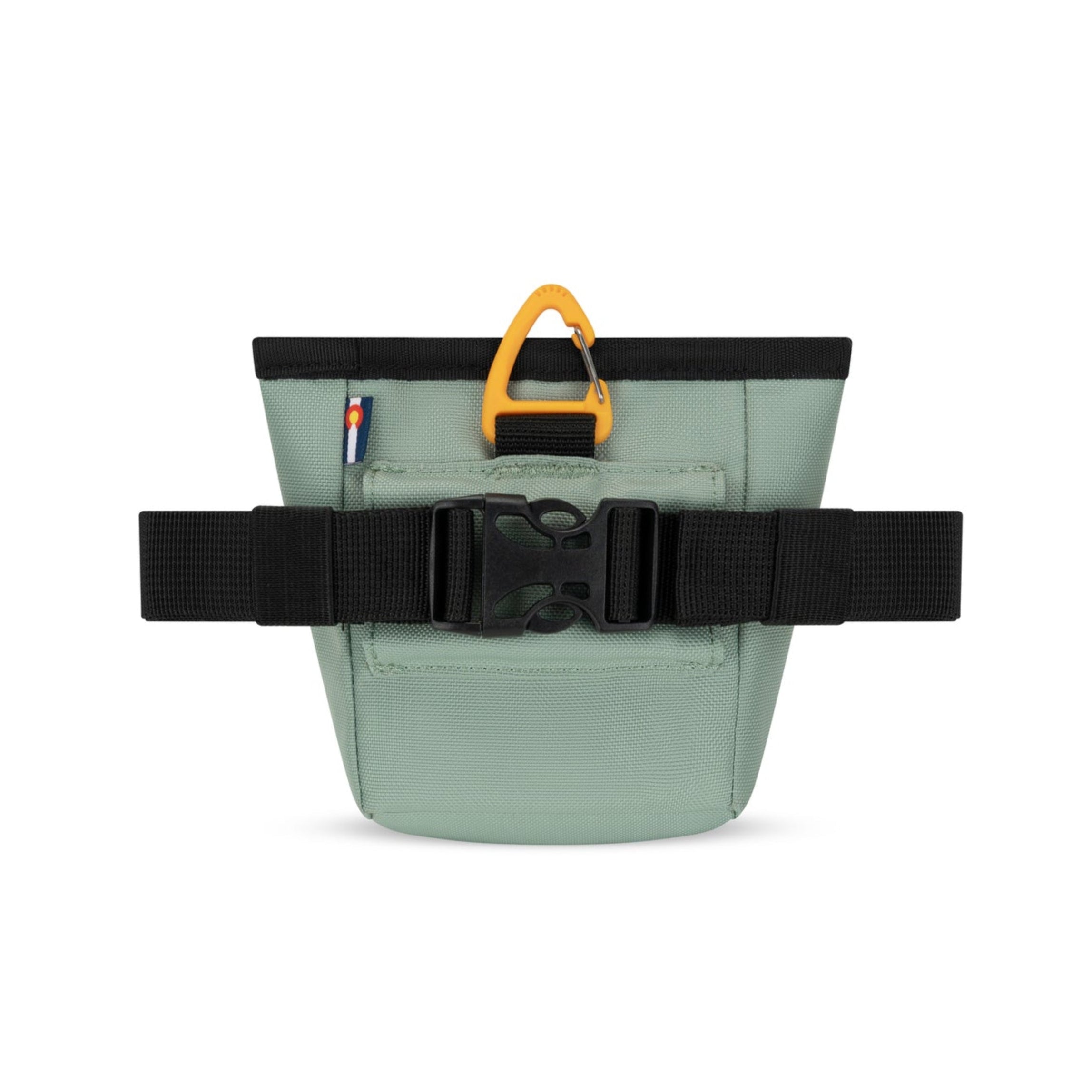 Back view of OllyDog Goodie Treat Bag in Iceberg Green color showing black adjustable waist strap with quick-release buckle and orange carabiner clip #color_iceberg green