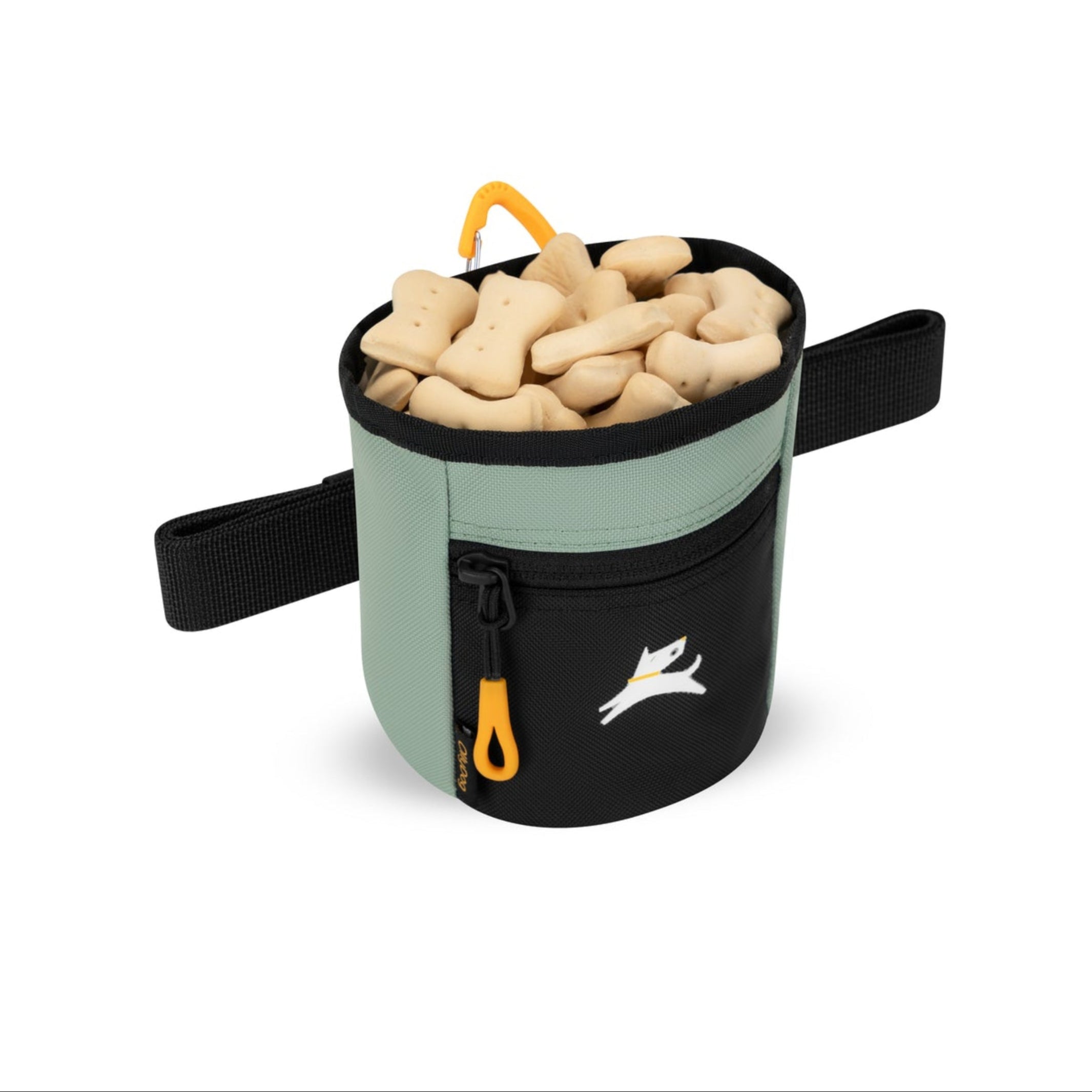 OllyDog Goodie Treat Bag in Iceberg Green shown open and filled with bone-shaped dog treats, featuring black front pocket, zipper pull, and waist strap for training #color_iceberg green