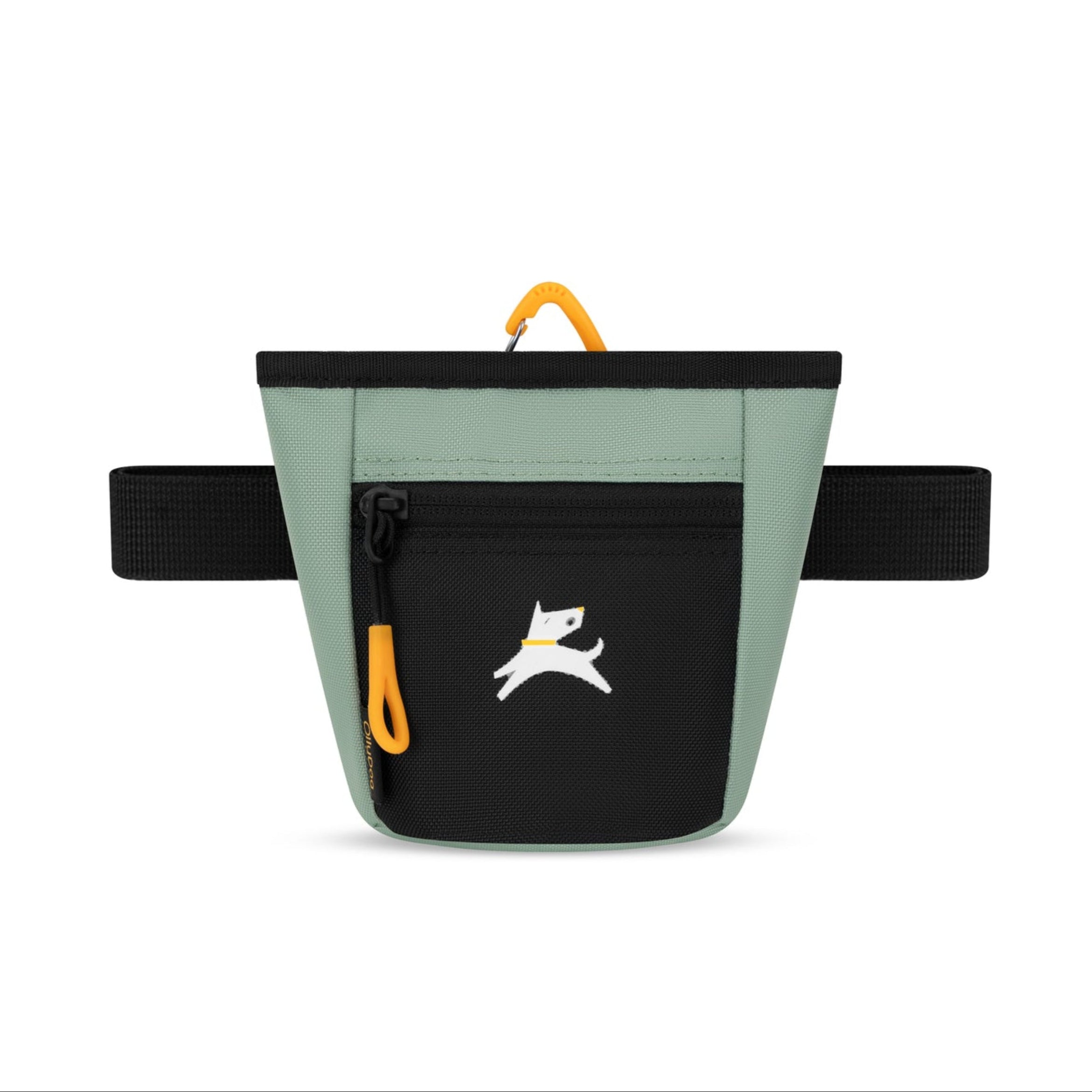 Front view of OllyDog Goodie Treat Bag in Iceberg Green color featuring black front pocket, orange zipper pull, and adjustable waistband for hands-free dog training #color_iceberg green