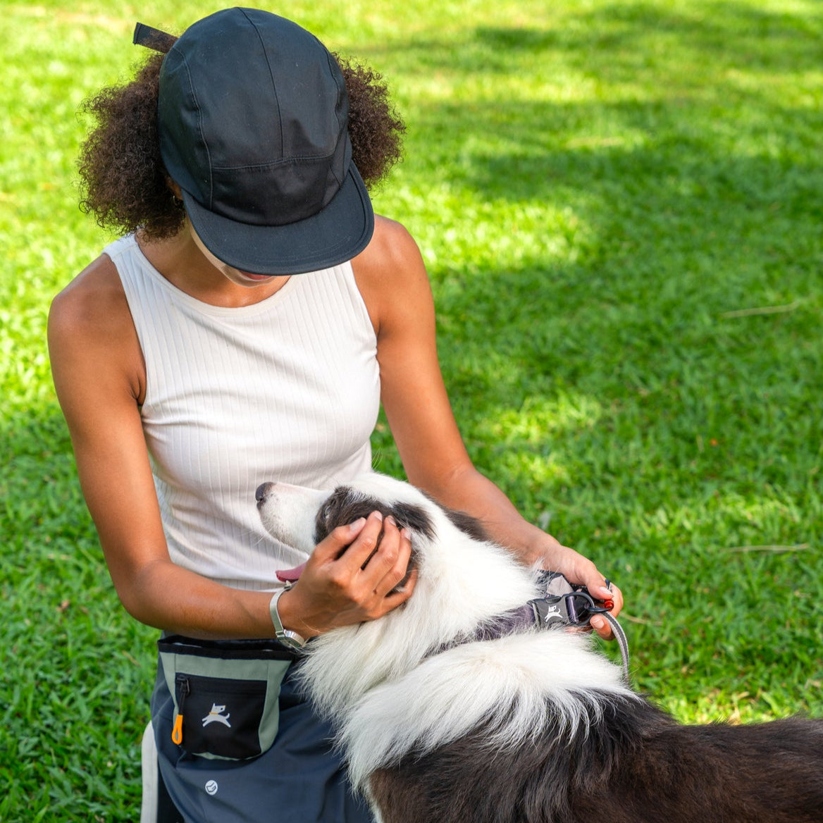Lifestyle shot of a woman kneeling on a grassy lawn petting her border collie dog while wearing the OllyDog Goodie Treat Bag in iceberg green color around her waist. #color_iceberg green