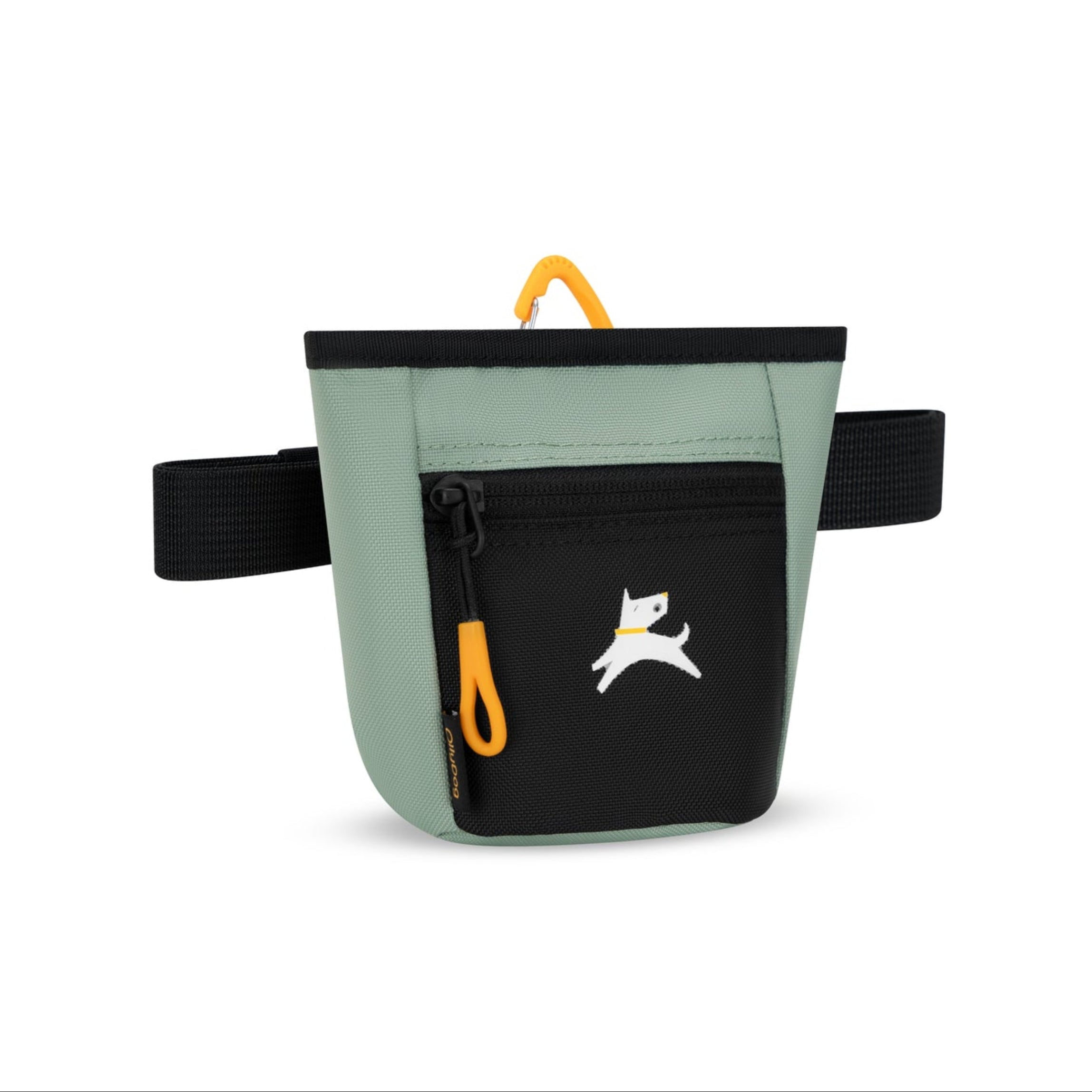 Side view of OllyDog Goodie Treat Bag in Iceberg Green color with black front pocket, orange zipper pull, and adjustable waist strap for dog training #color_iceberg green