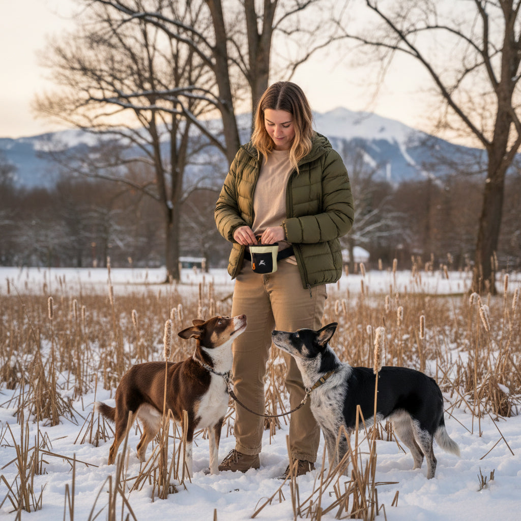 Lifestyle shot of a woman walking her two dogs in a snowy winter landscape while wearing the OllyDog Goodie Treat Bag in sol color around her waist. #color_sol