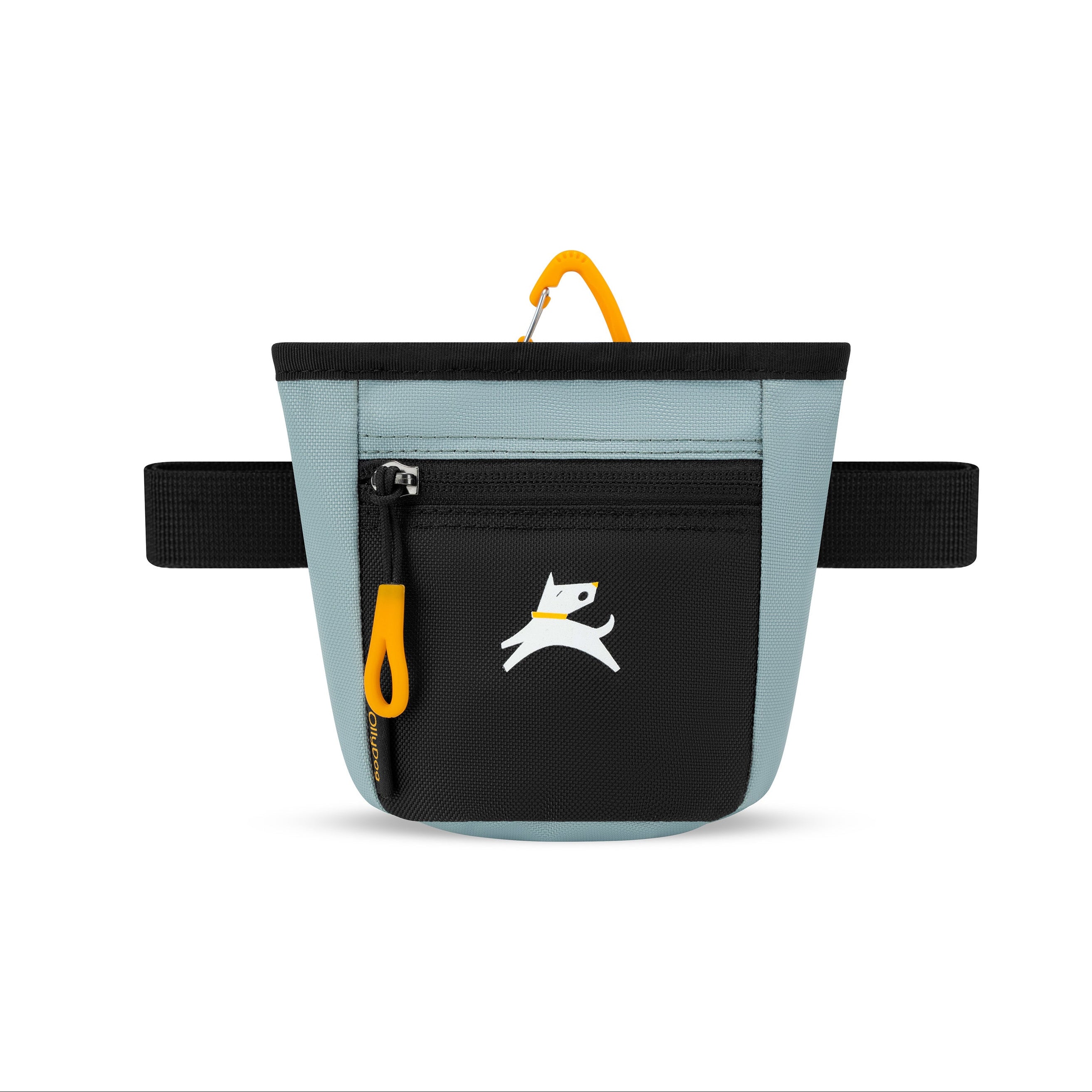 Front view of the OllyDog Goodie Treat Bag in st. lucia color showing the magnetic closure, front zipper pocket, and waist belt for dog training. #color_st. lucia