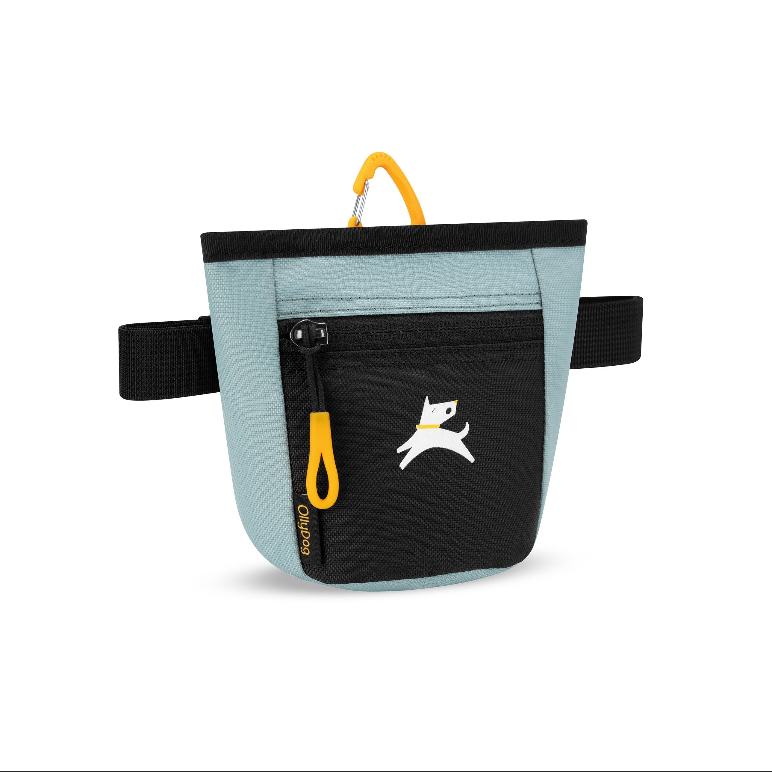 Side angle view of the OllyDog Goodie Treat Bag in st. lucia color featuring a hands-free design, front zipper pocket, and magnetic closure for dog training. #color_st. lucia
