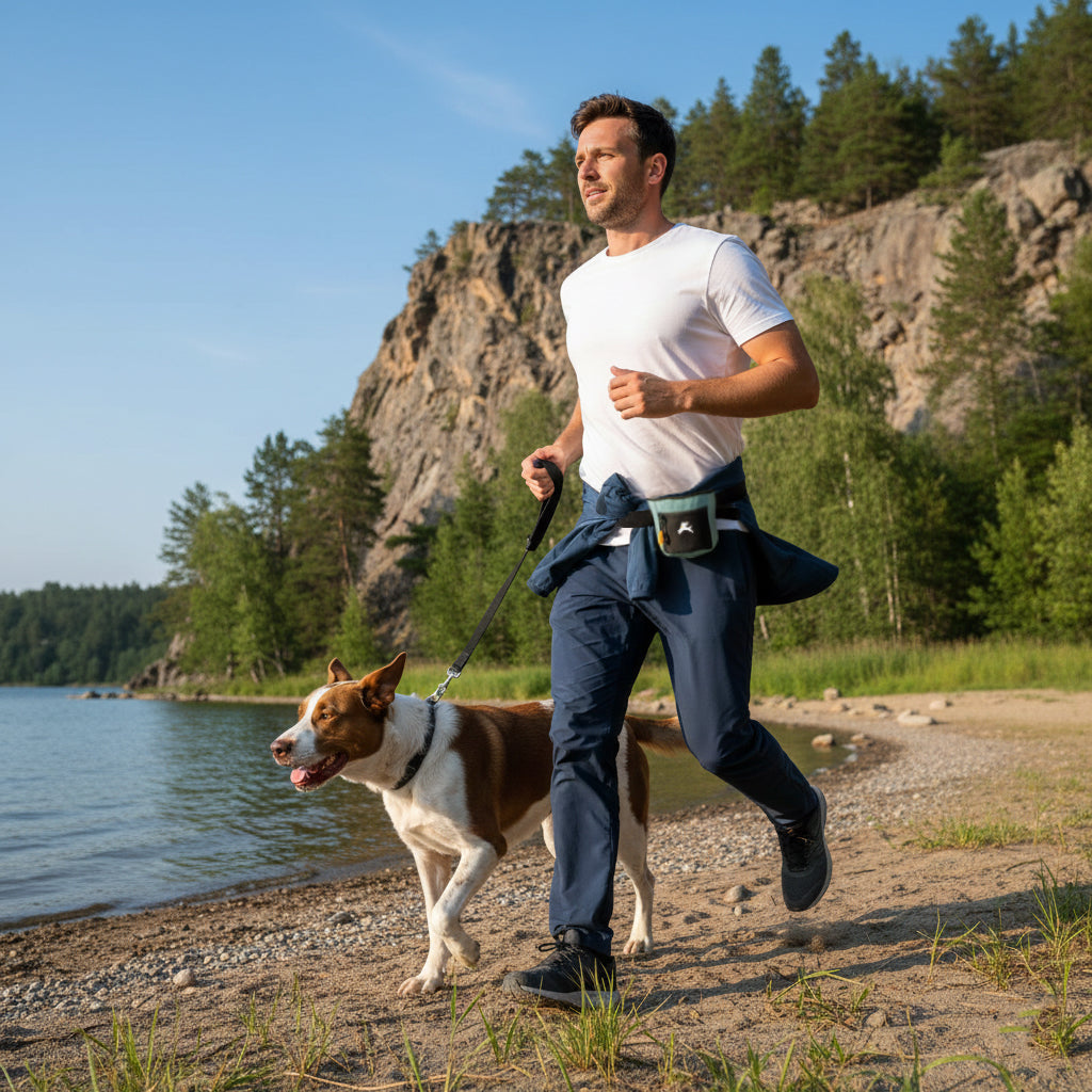 Lifestyle shot of a man running along a lakeside path with his dog while wearing the OllyDog Goodie Treat Bag in surf color around his waist. #color_surf