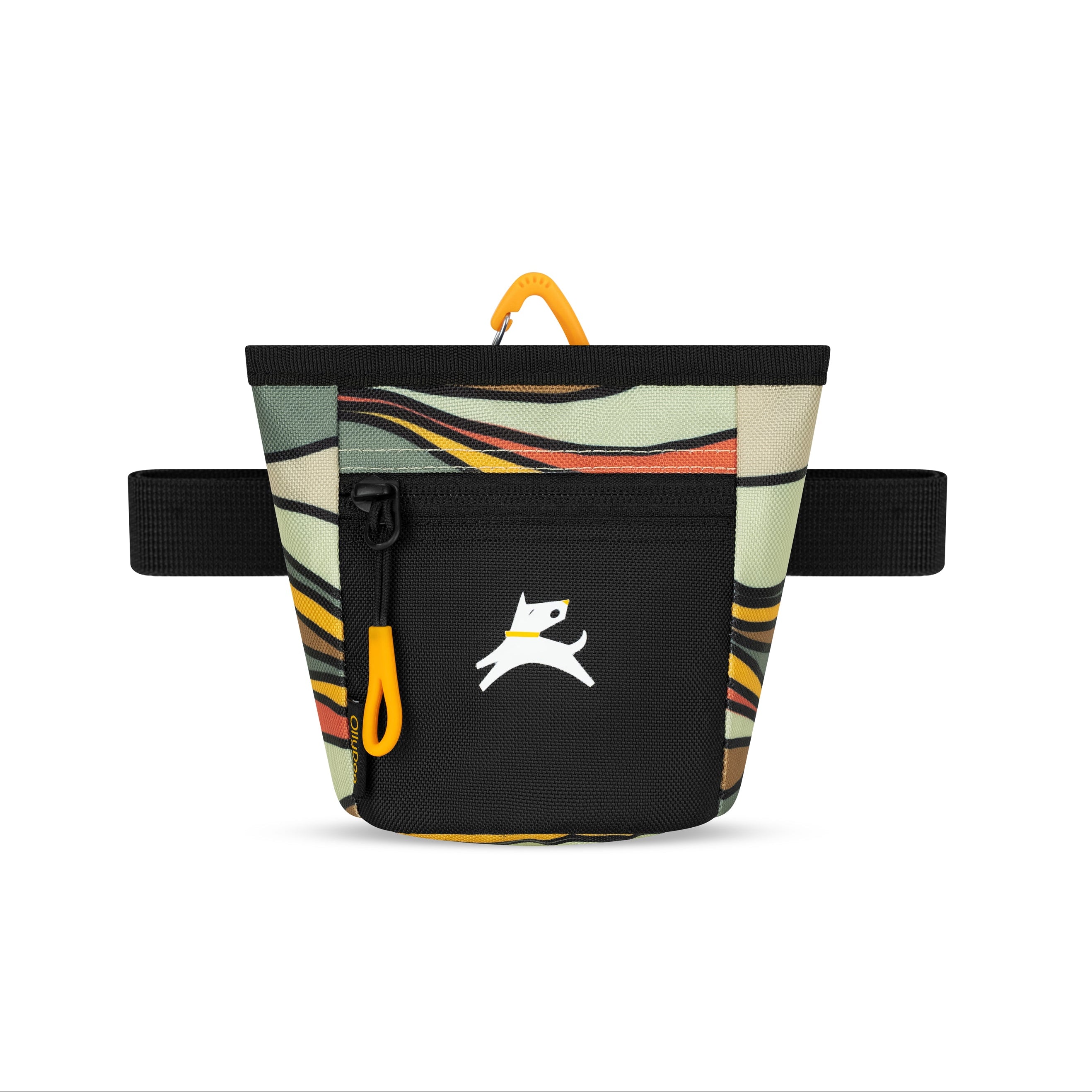 Front view of the OllyDog Goodie Treat Bag in ventura 73 print showing the magnetic closure, front zipper pocket, and waist belt for dog training. #color_ventura '73
