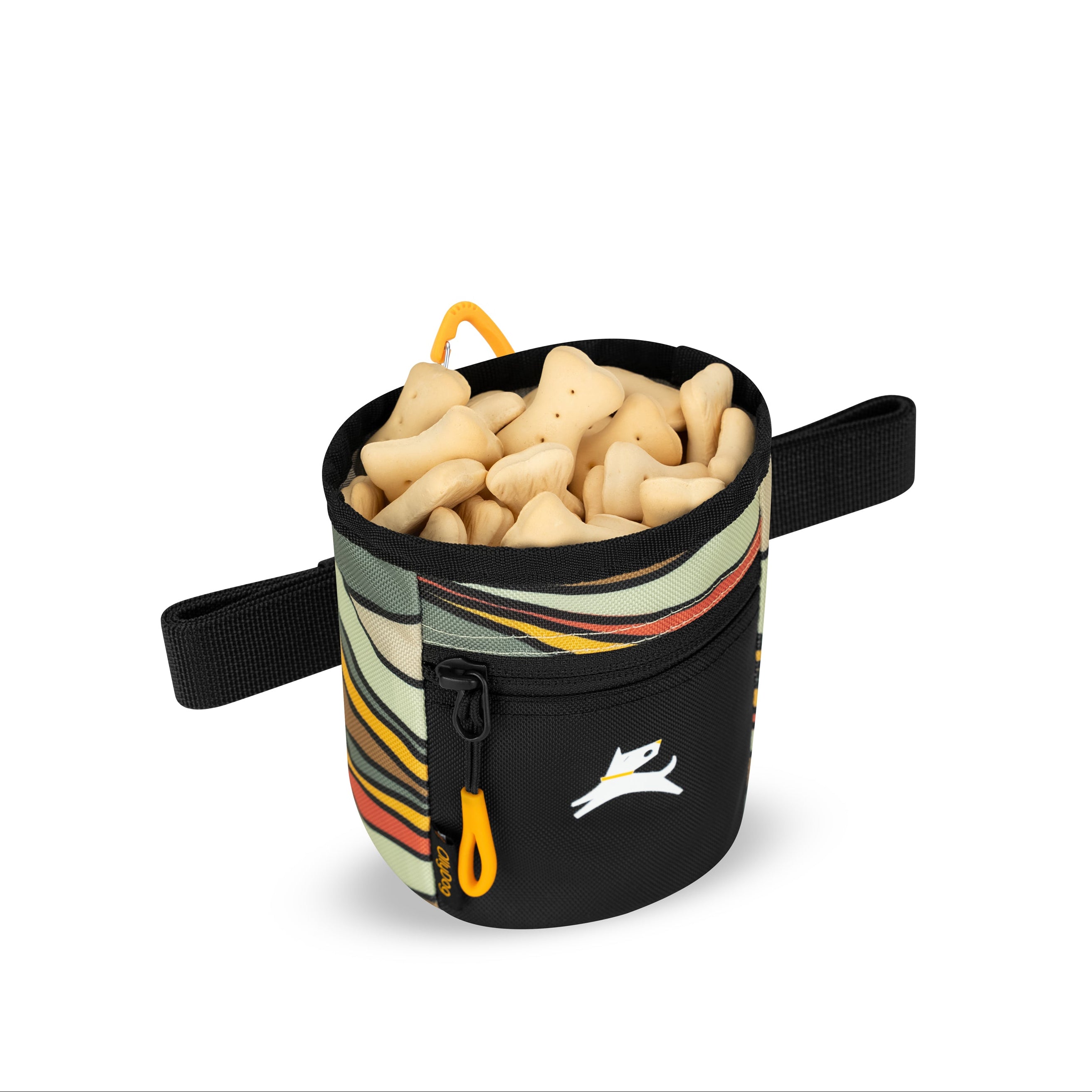 Interior view of the OllyDog Goodie Treat Bag in ventura 73 print filled with dog treats, highlighting the convenient magnetic closure opening for training. #color_ventura '73