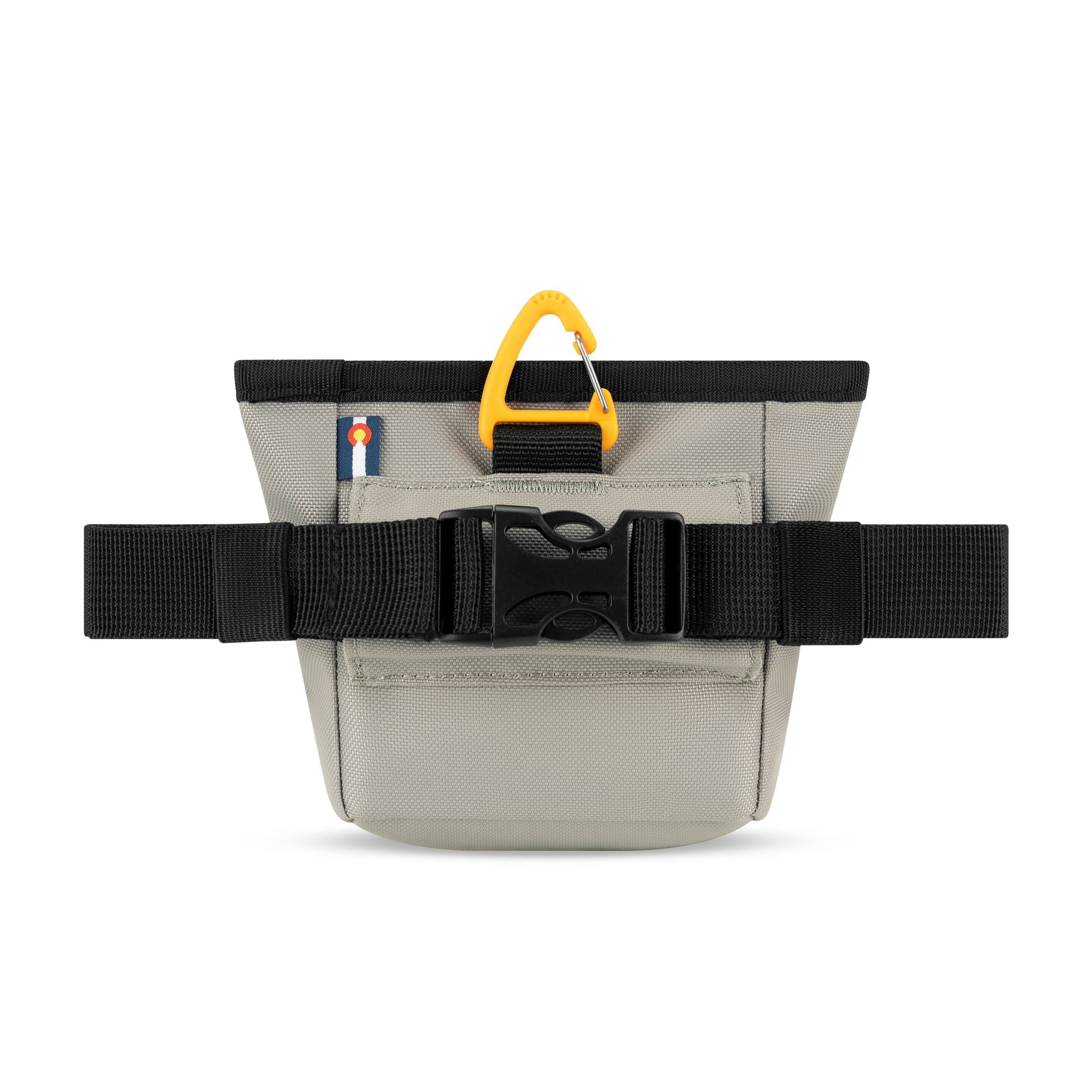 Back view of OllyDog Goodie Treat Bag in Wasabi Stone beige color featuring adjustable black waist strap with quick-release buckle, orange carabiner clip, and Colorado flag tag #color_wasabi stone