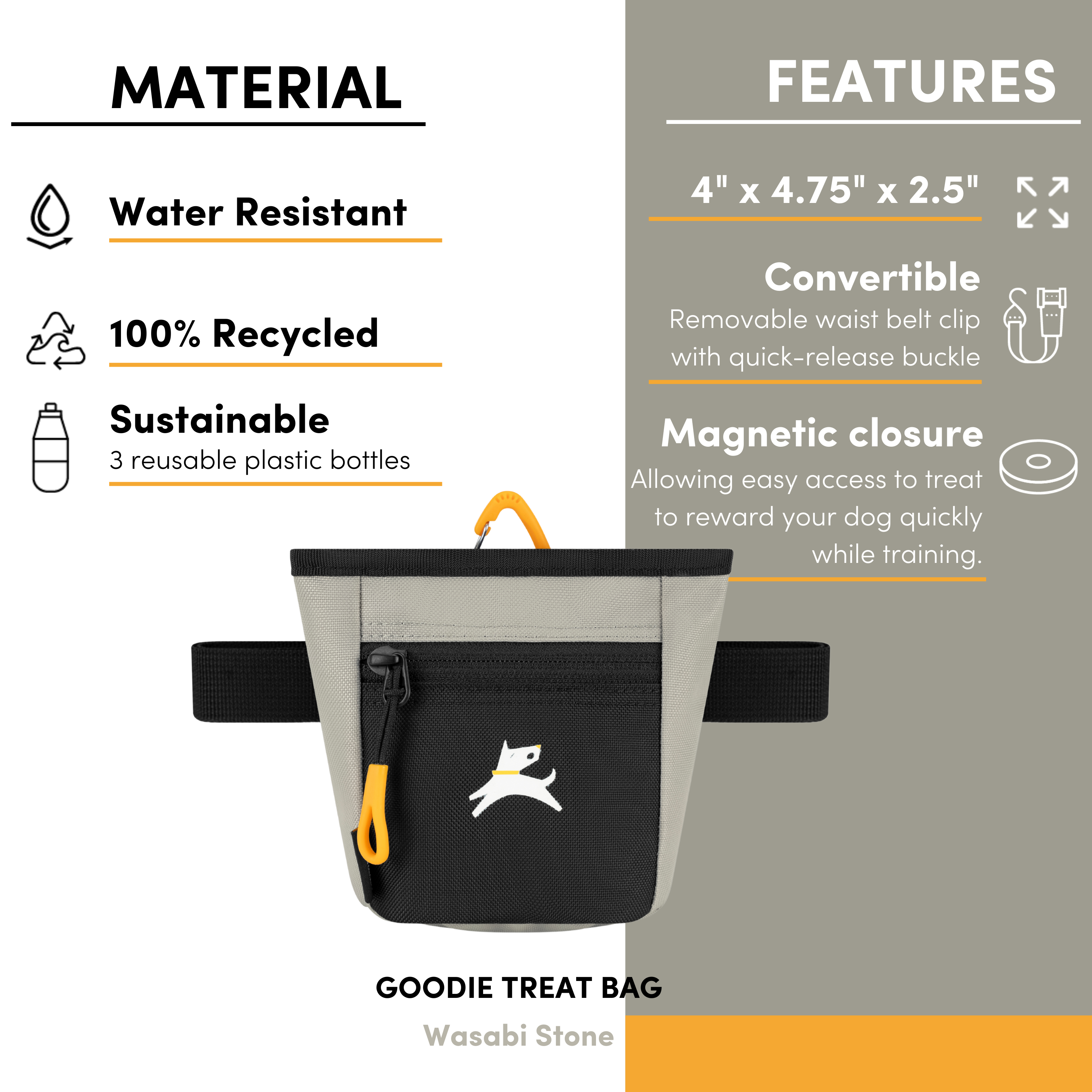 OllyDog Goodie Treat Bag in Wasabi Stone beige color with product highlights: water-resistant, 100% recycled from 3 plastic bottles, magnetic closure, and removable waist belt with quick-release buckle #color_wasabi stone