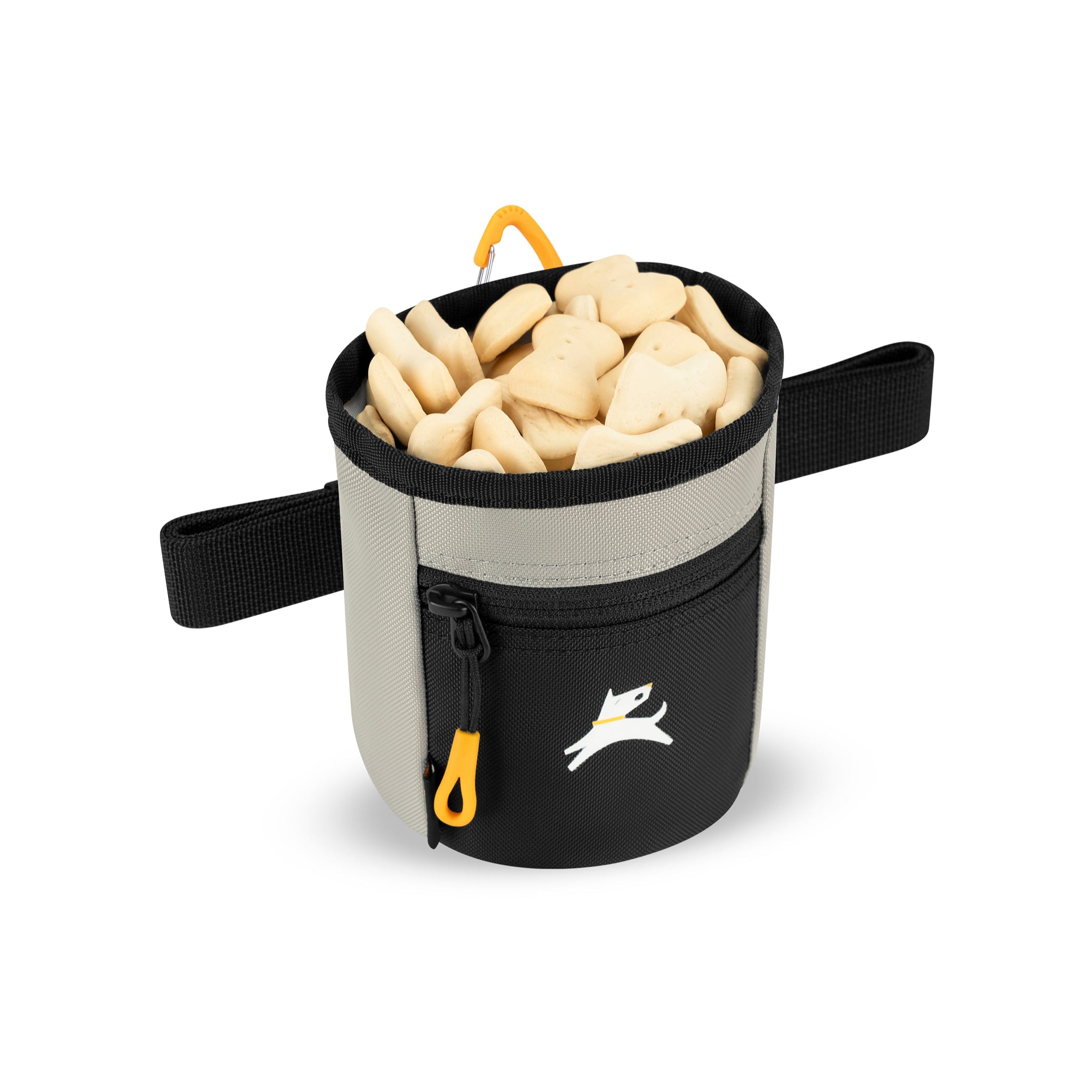 OllyDog Goodie Treat Bag in Wasabi Stone beige color shown open and filled with bone-shaped dog treats, featuring black zipper pocket, orange pull tab, and waist strap for hands-free dog training #color_wasabi stone