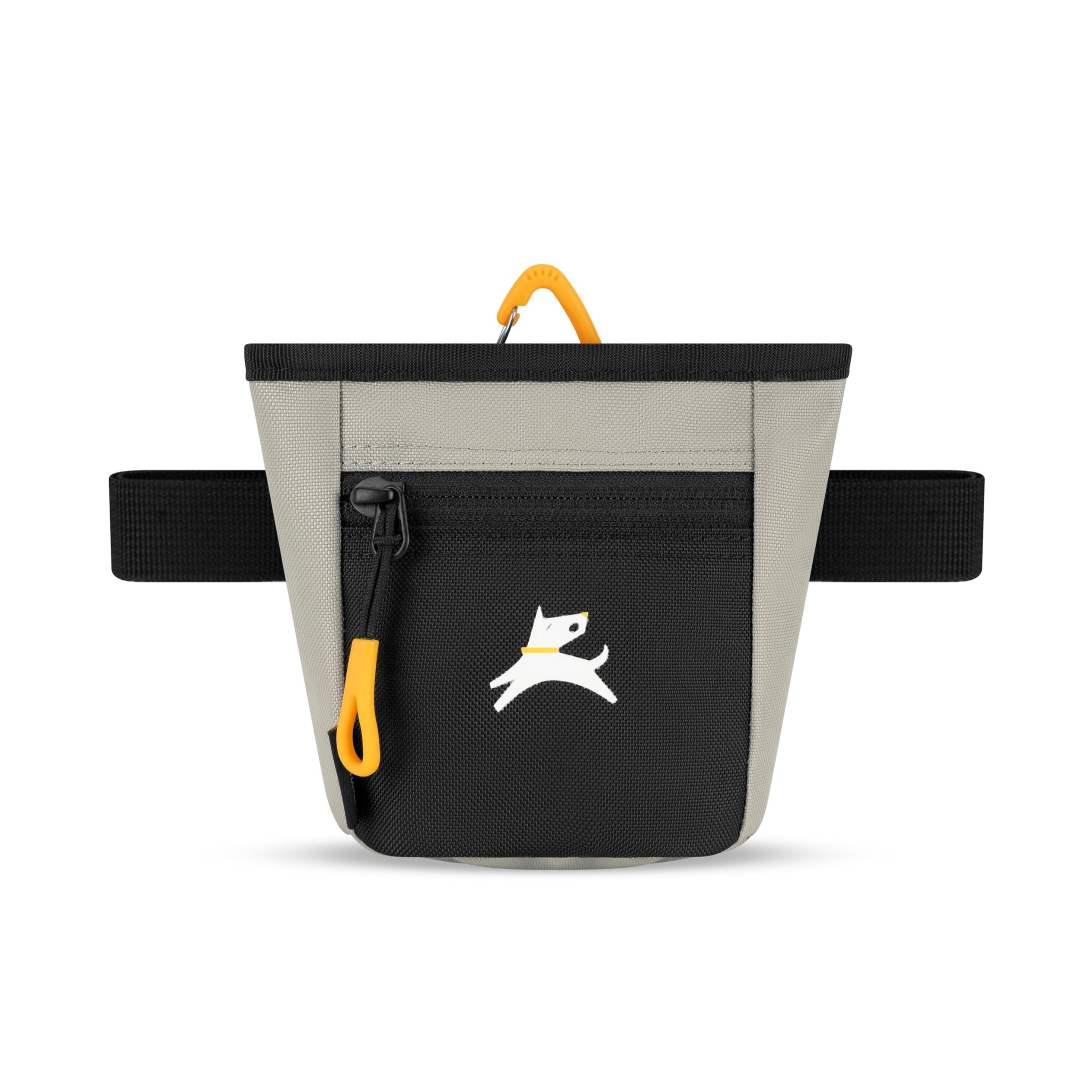 Front view of OllyDog Goodie Treat Bag in Wasabi Stone beige color featuring black front zipper pocket, orange pull tab, and adjustable waist strap for hands-free dog training #color_wasabi stone