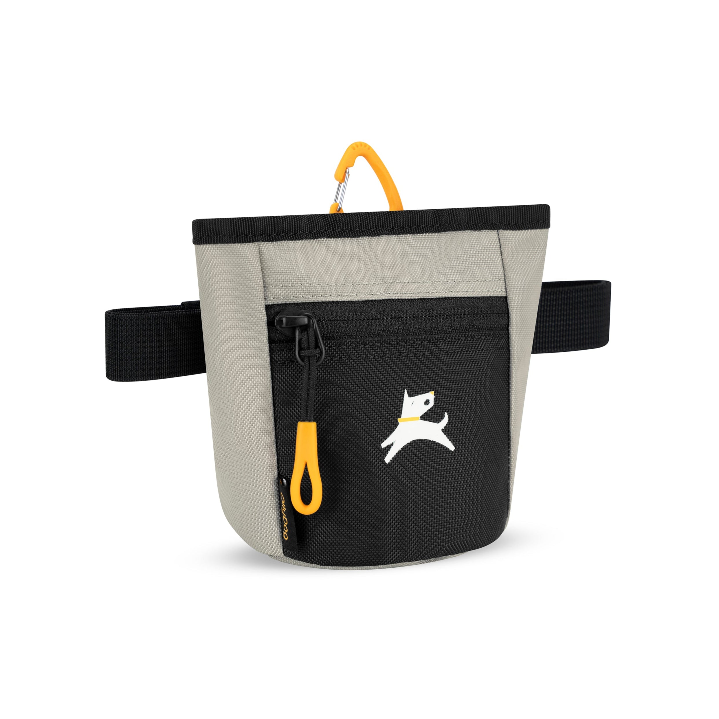 Side view of OllyDog Goodie Treat Bag in Wasabi Stone beige color featuring black front zipper pocket, orange pull tab, and adjustable waist strap for hands-free dog training #color_wasabi stone