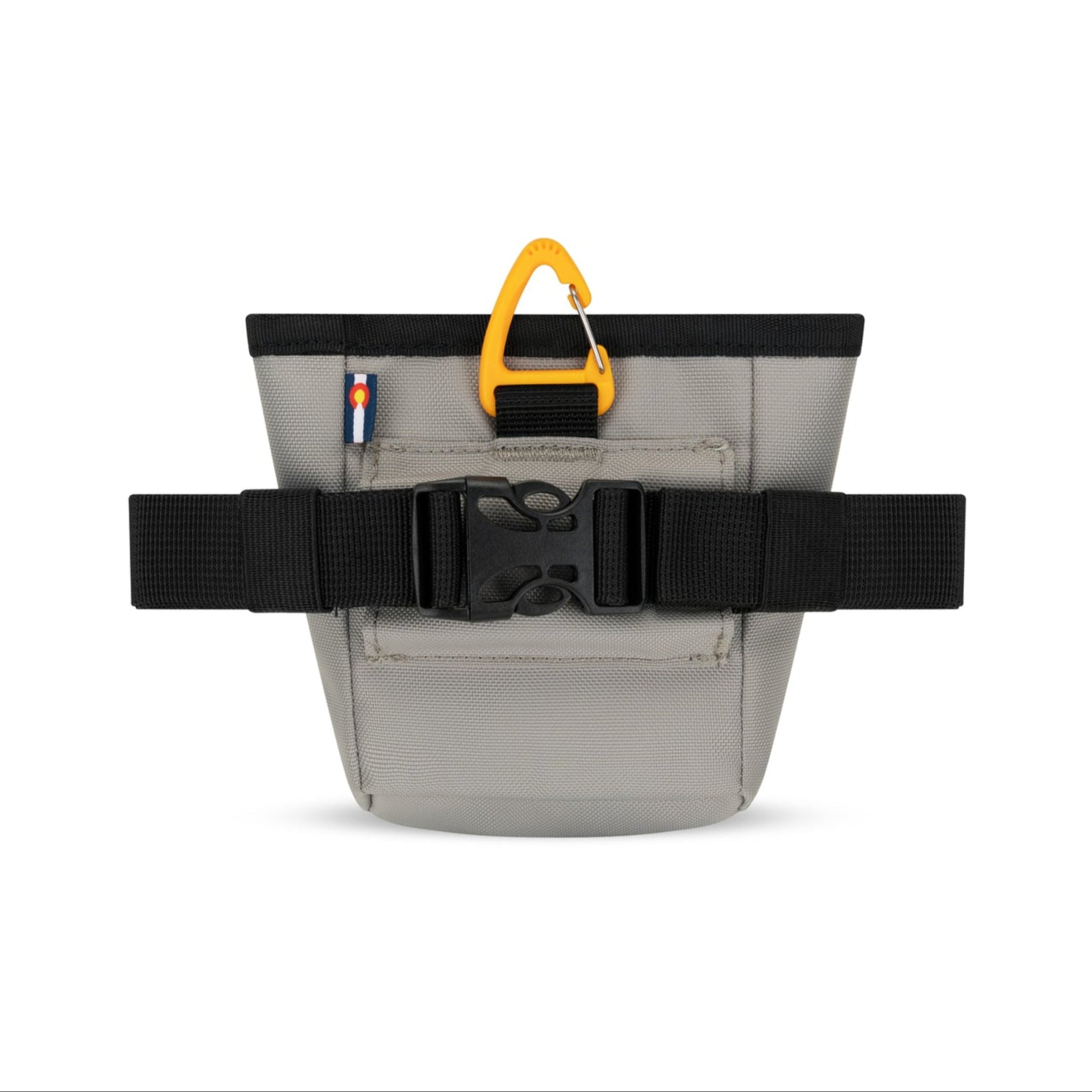 Back view of OllyDog Goodie Treat Bag in Wet Weather color showing adjustable waist belt with quick-release buckle and orange carabiner clip #color_wet weather