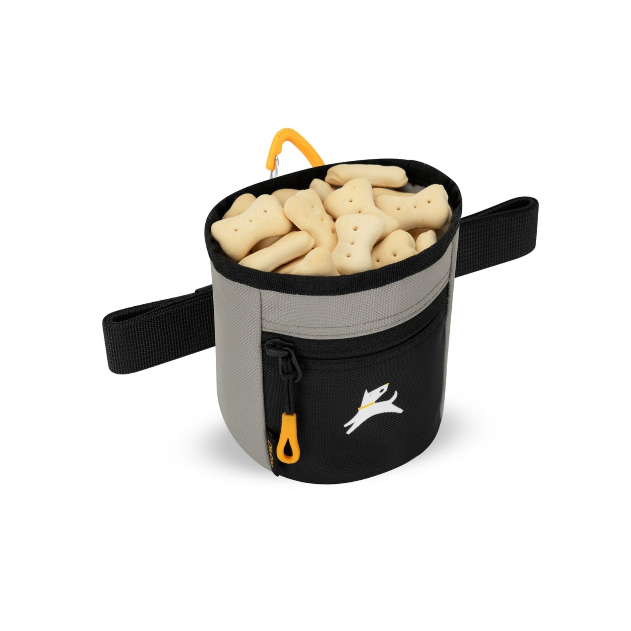 OllyDog Goodie Treat Bag in Wet Weather color shown open and filled with dog biscuits, featuring black zipper pocket and waist strap for hands-free training #color_wet weather