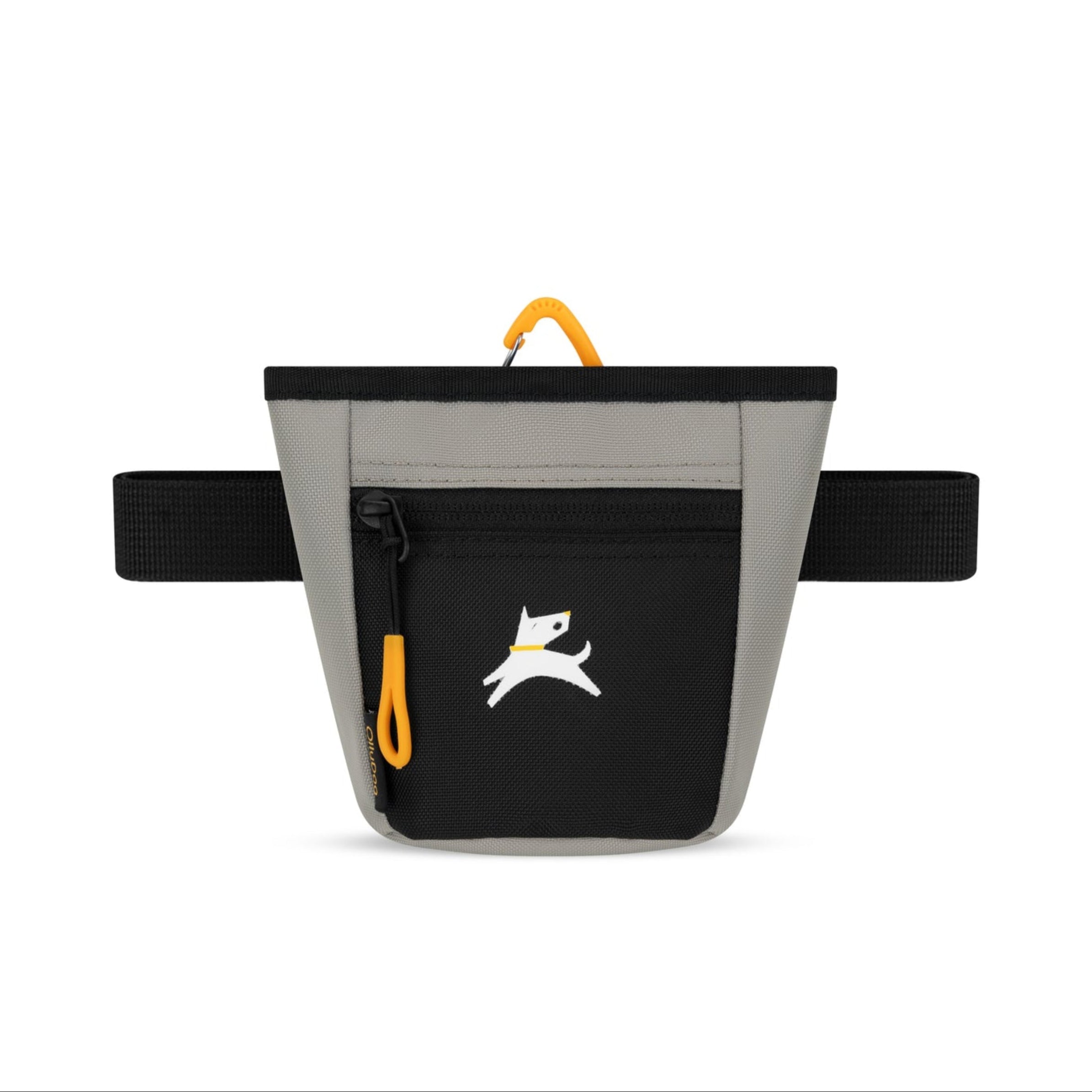 Front view of OllyDog Goodie Treat Bag in Wet Weather color featuring black front zipper pocket, yellow pull tab, and adjustable waist belt for dog training #color_wet weather