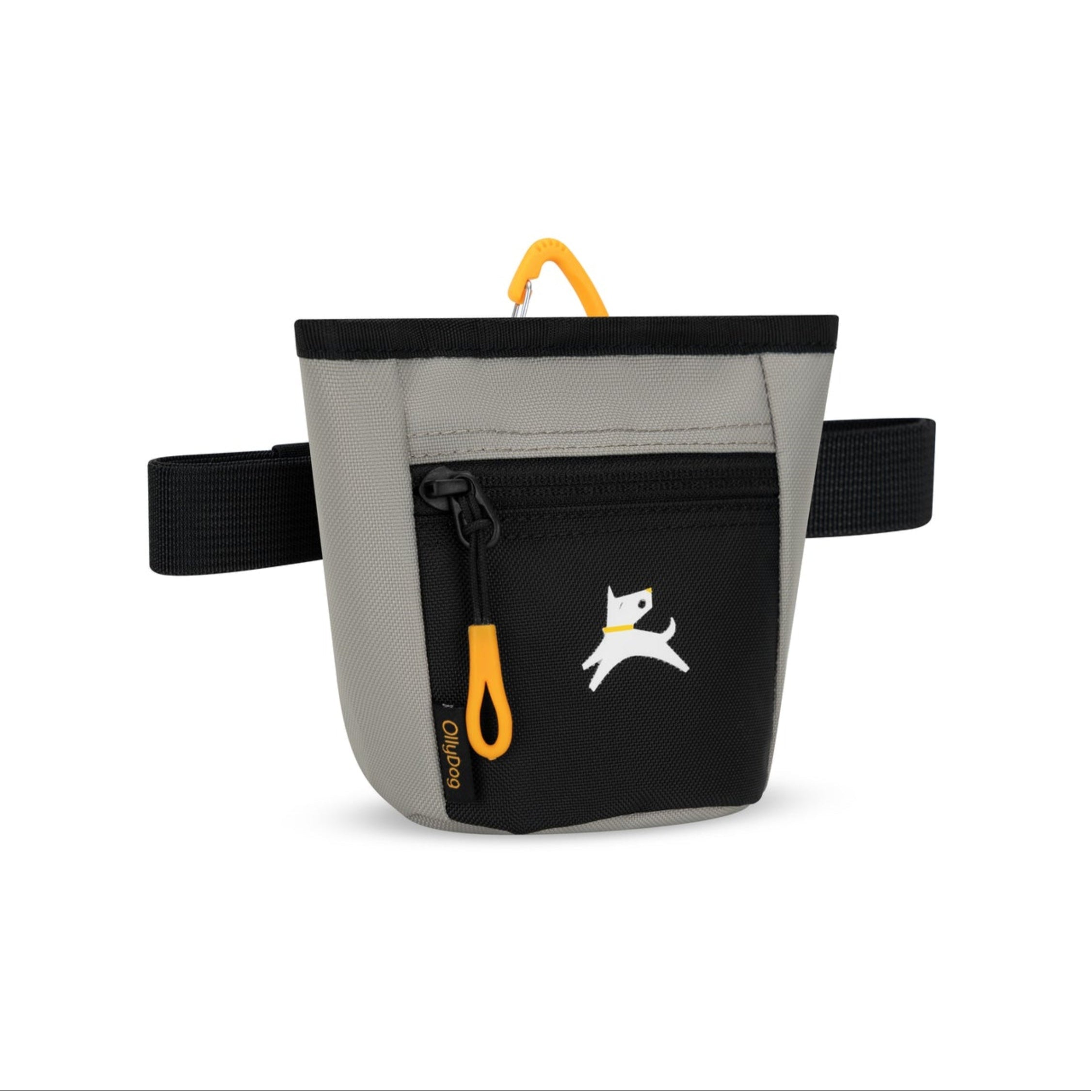 Side view of OllyDog Goodie Treat Bag in Wet Weather color with black front pocket, orange zipper pull, and waistband for hands-free dog training #color_wet weather