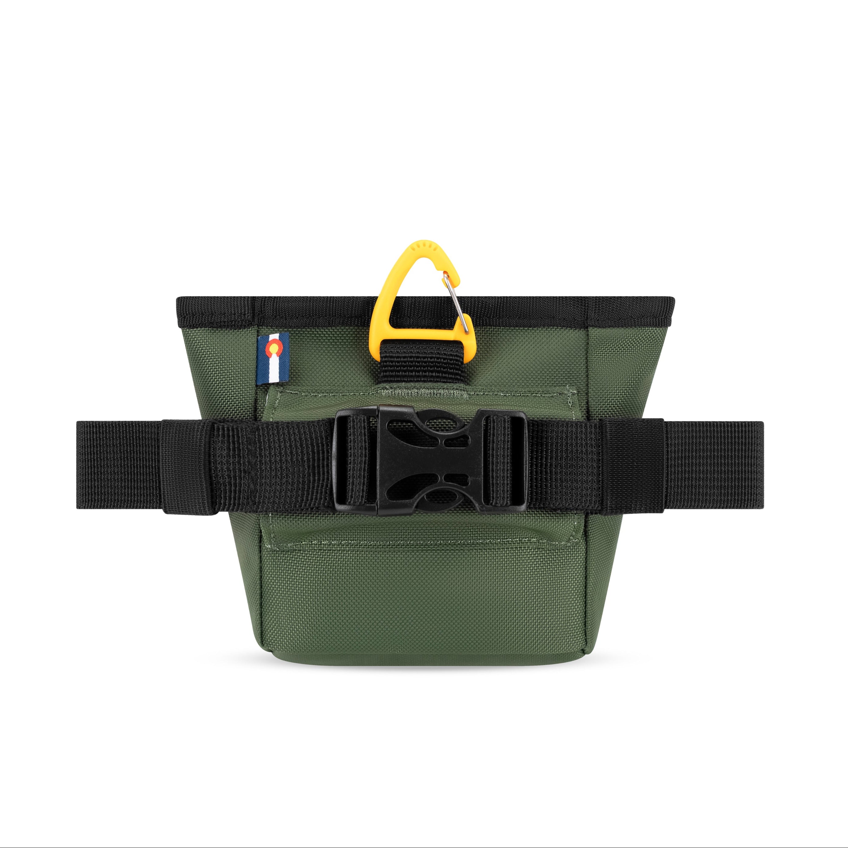 Back view of OllyDog Goodie Treat Bag in Winter Moss green color featuring adjustable black waist strap with quick-release buckle, orange carabiner clip, and Colorado tag #color_winter moss