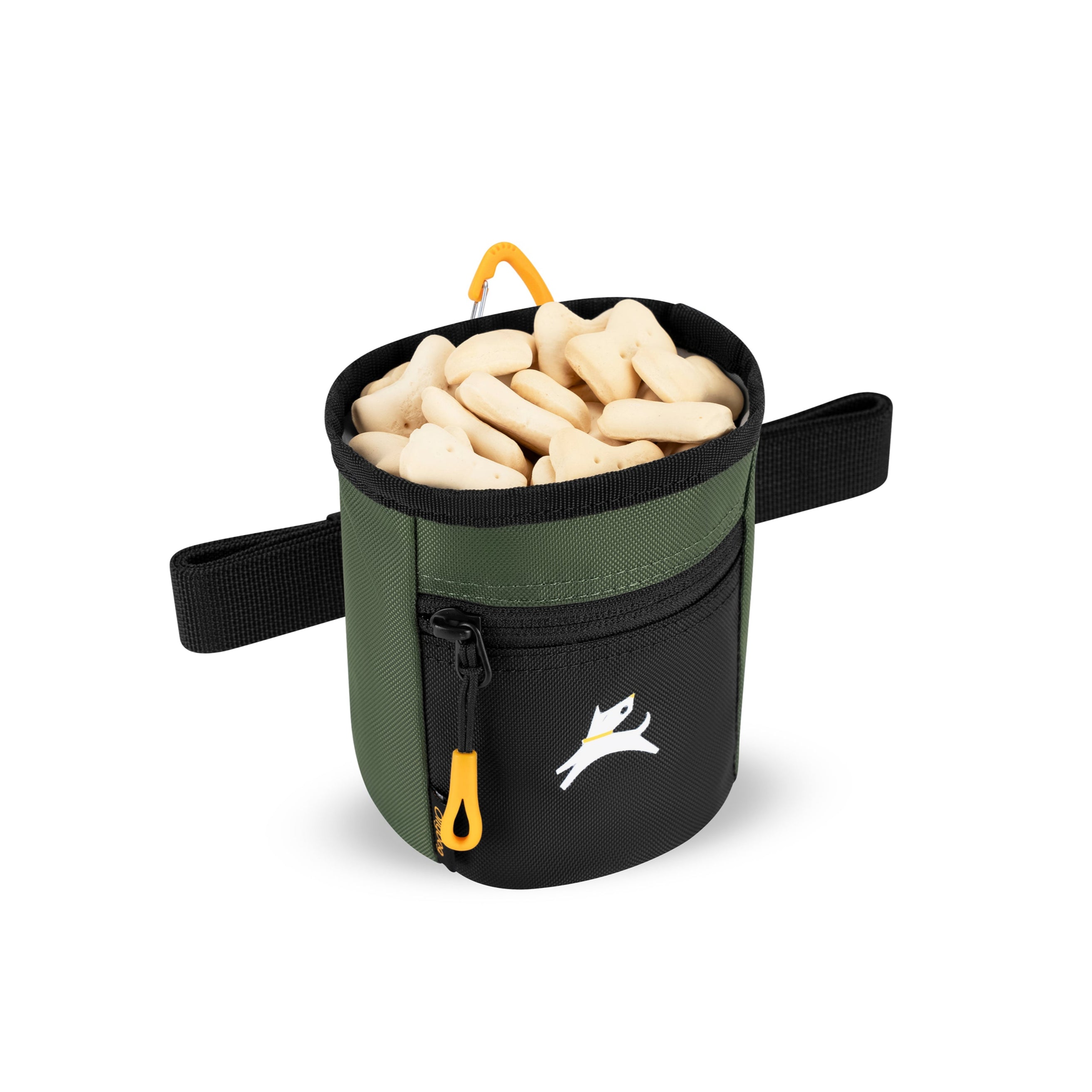 OllyDog Goodie Treat Bag in Winter Moss green color shown open and filled with bone-shaped dog treats, featuring black front pocket, orange zipper pull, and waist strap #color_winter moss
