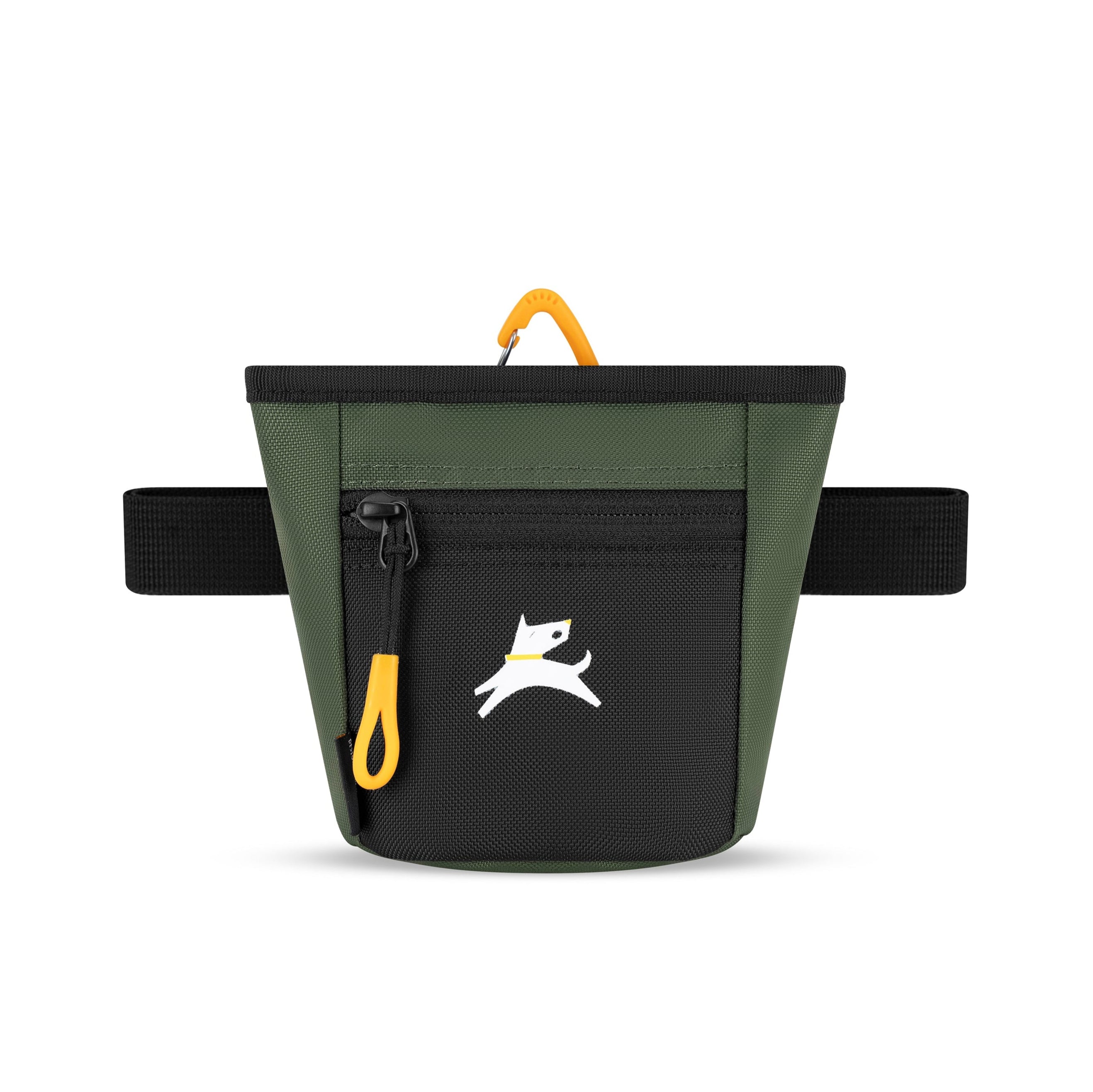 Front view of OllyDog Goodie Treat Bag in Winter Moss green color with black front zipper pocket, orange pull tab, and adjustable waist strap for hands-free dog training #color_winter moss