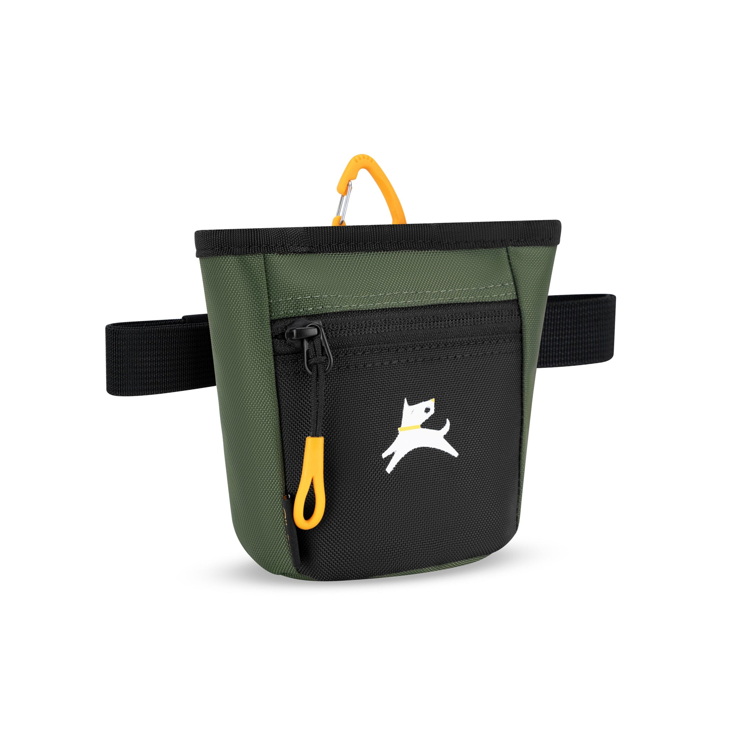 Side view of OllyDog Goodie Treat Bag in Winter Moss green color featuring black front zipper pocket, orange pull tab, and adjustable waistband for hands-free dog training #color_winter moss