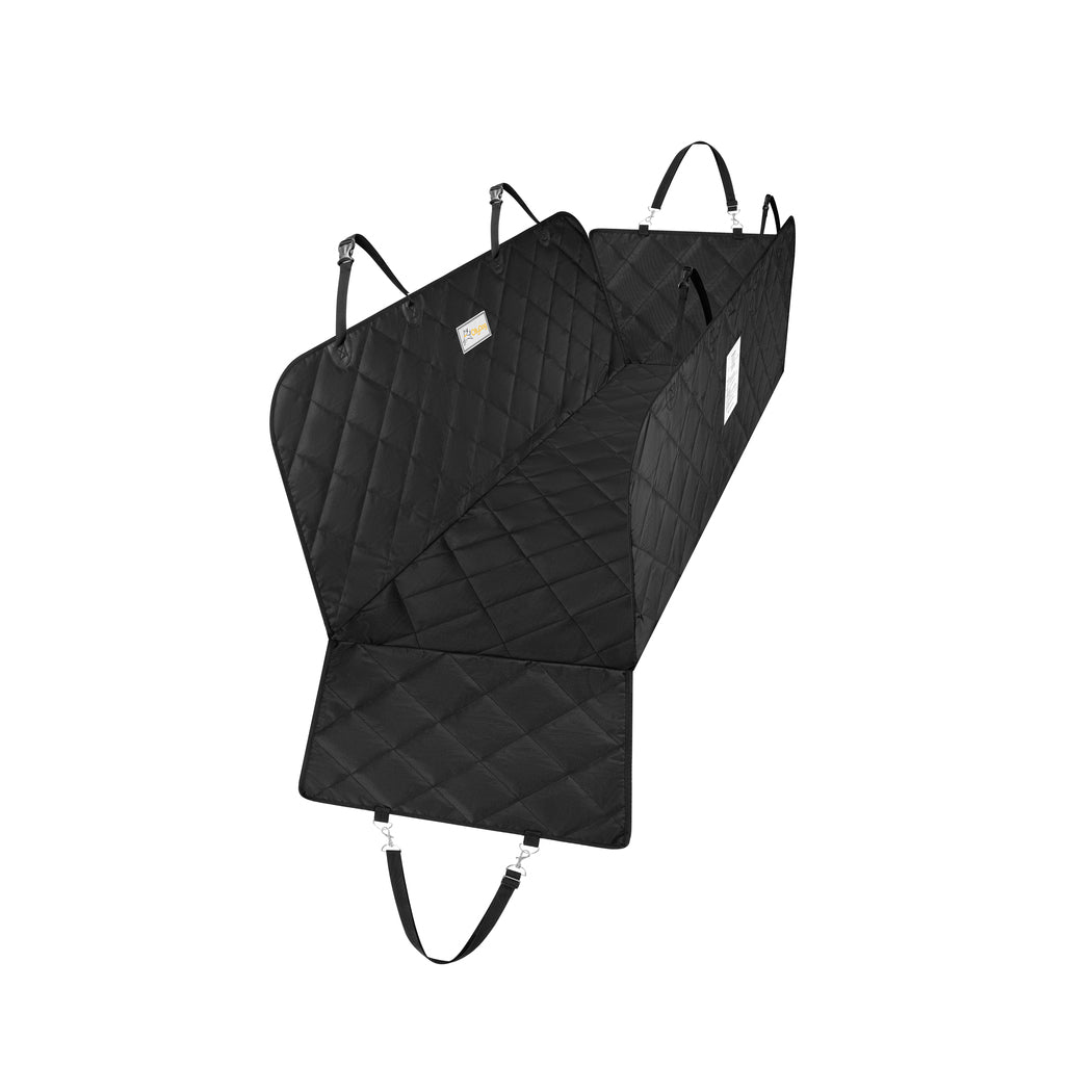 OllyDog Journey Car Seat Cover in black, fully extended with quilted waterproof fabric, adjustable straps, buckle closures, and seatbelt access, designed to fit most vehicles and protect seats from dirt and pet hair