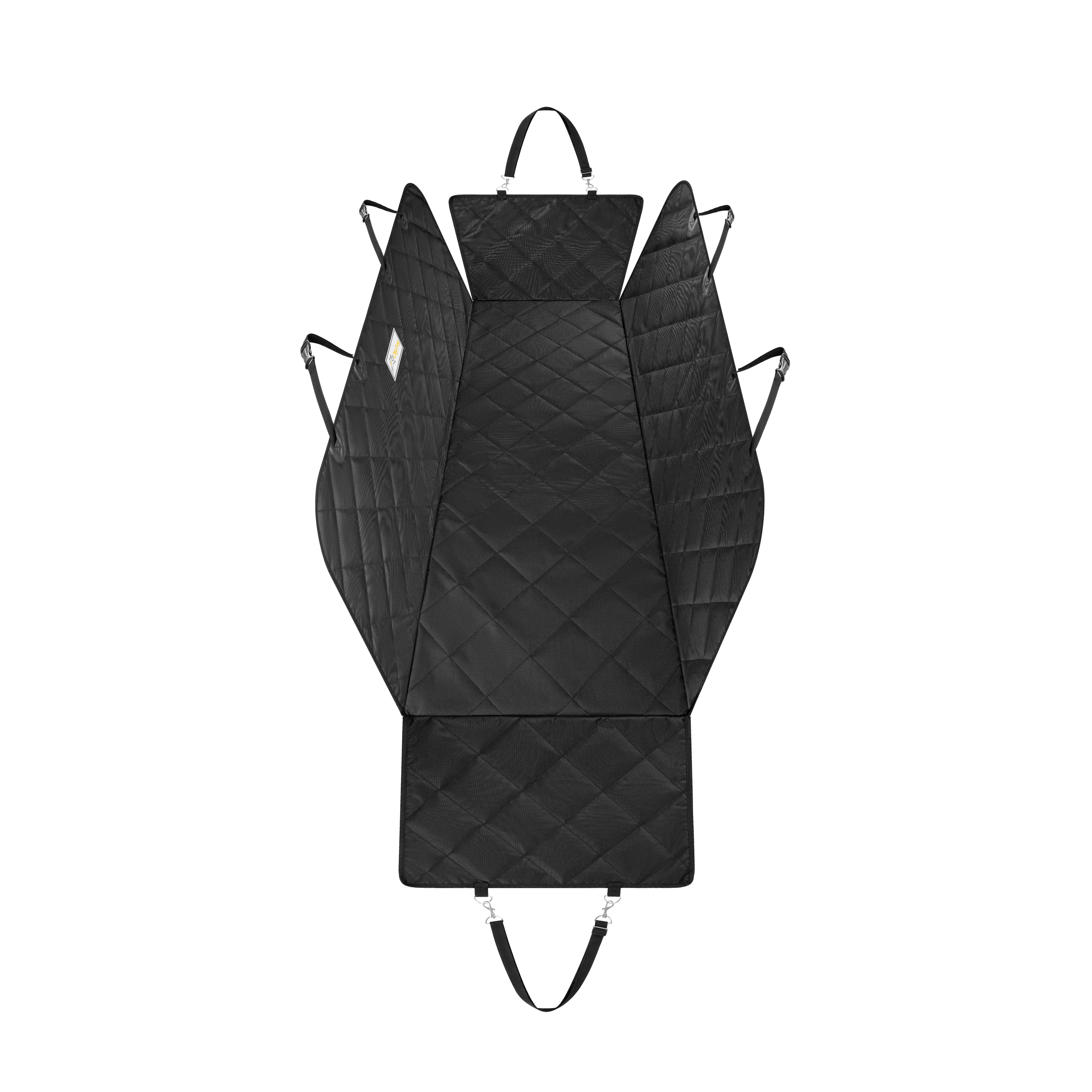 Top-down view of OllyDog Journey Car Seat Cover in black, quilted waterproof fabric with adjustable straps and buckles, designed for full backseat coverage and vehicle protection from dirt and pet hair